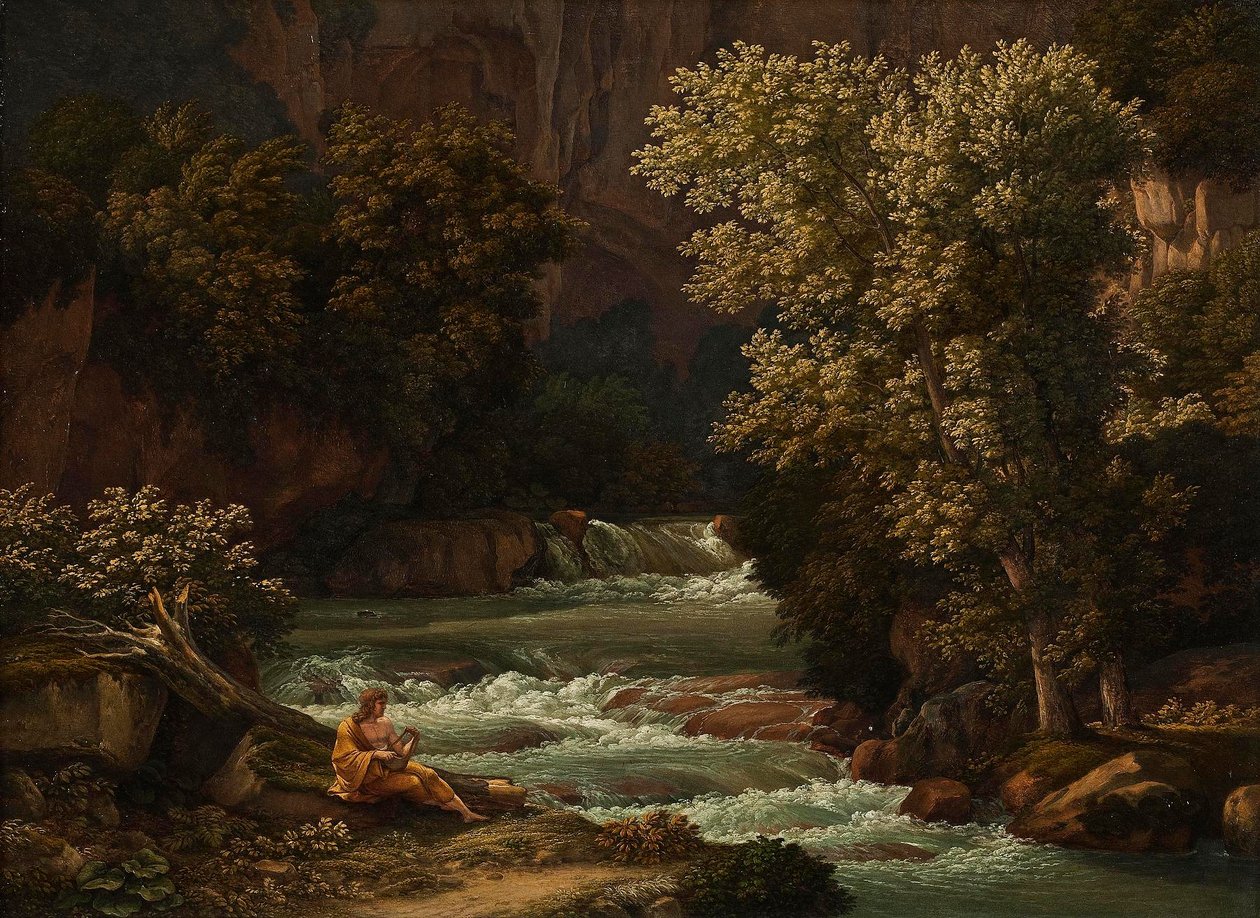 Vista da Ponte Lupo perto de Tivoli, com uma pessoa a tocar lira em primeiro plano de Johann Christian Reinhart