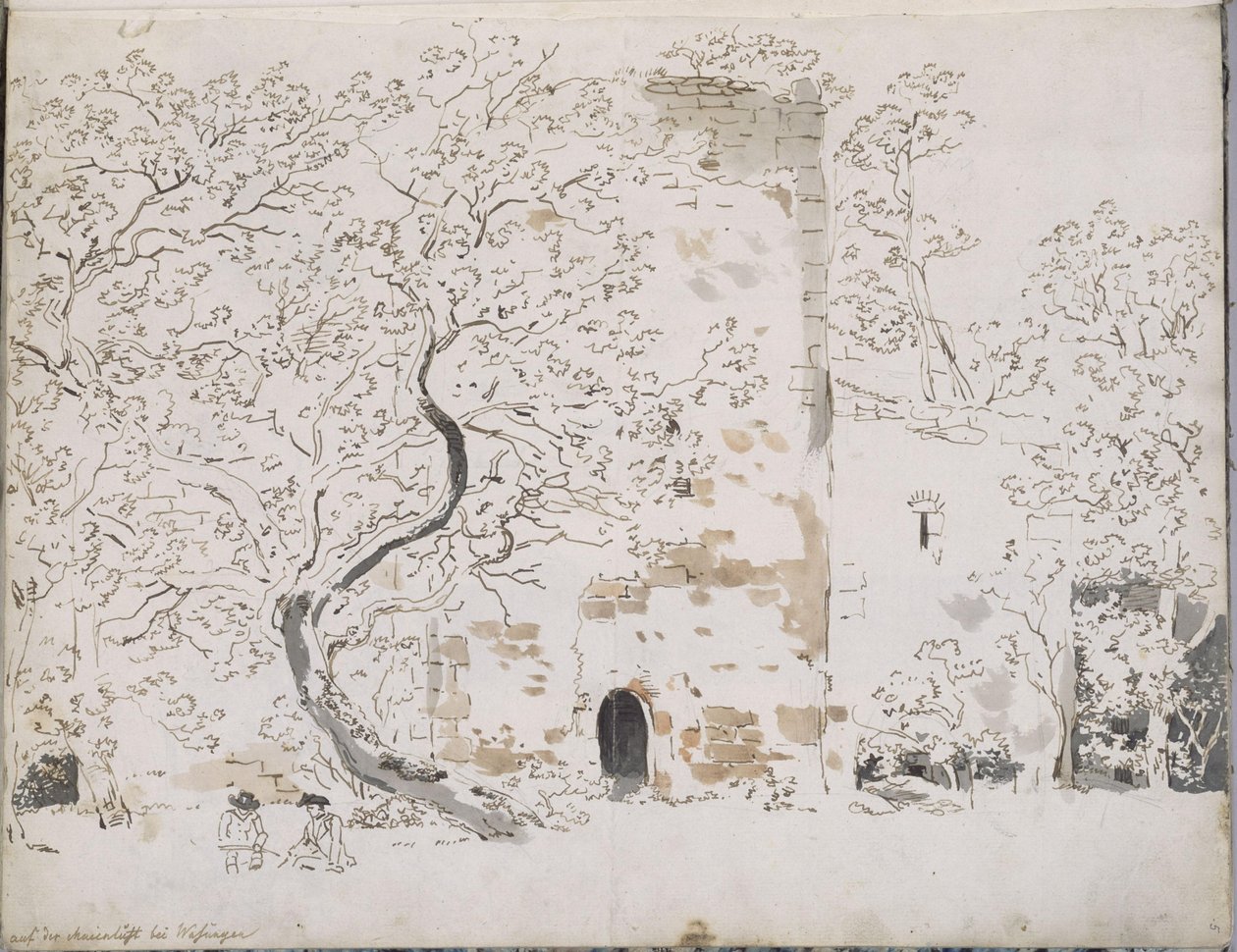 Dois desenhadores diante de um castelo por detrás de árvores: na Maienlust, perto de Wasungen de Johann Christian Reinhart