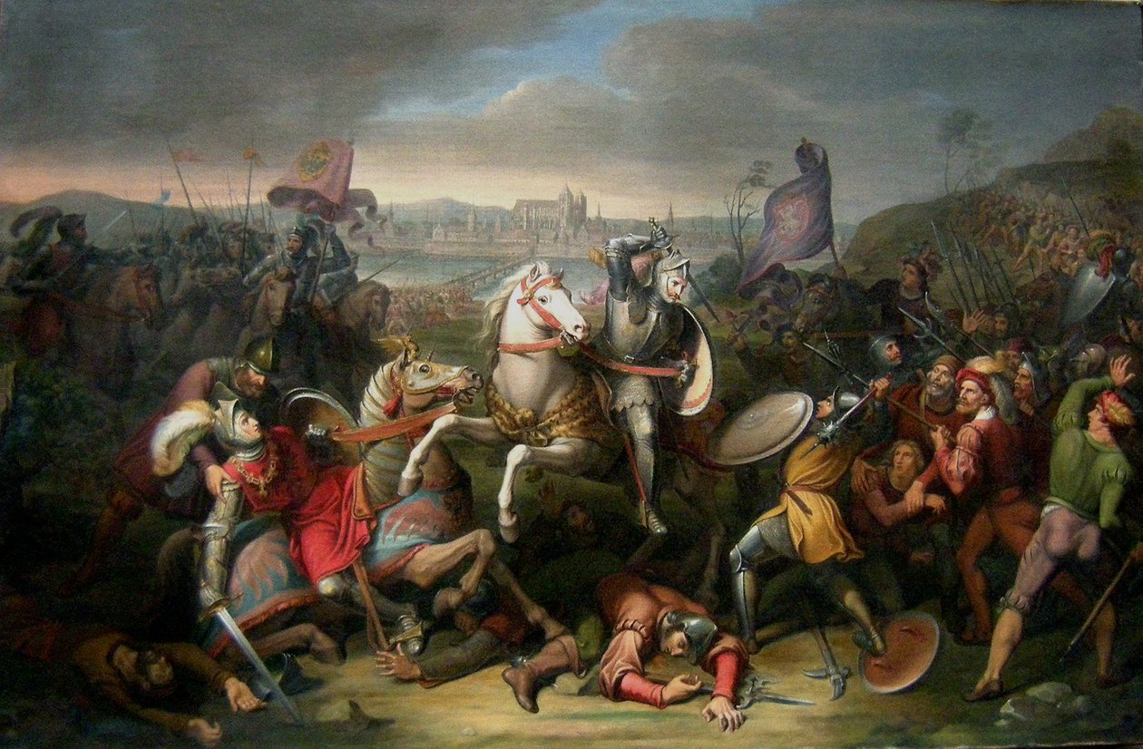 O duque Erich von Calenberg resgata o imperador Maximiliano na Batalha de Regensburg em 1504 de Johann Christian Riepenhausen
