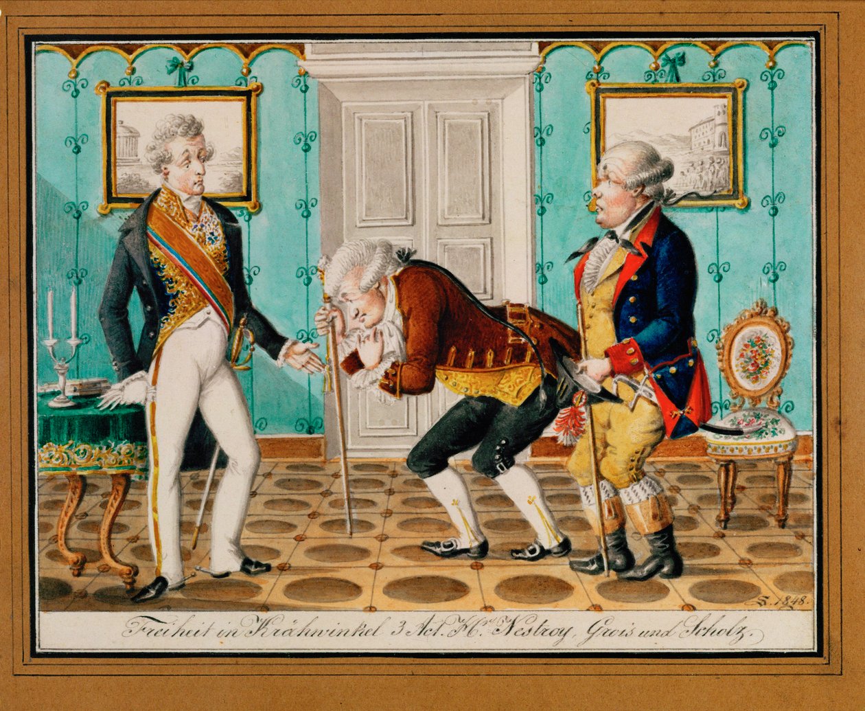 Uma peça popular em Viena mostra o poeta e ator Johann Nestroy (gravura) de Johann Christian Schoeller