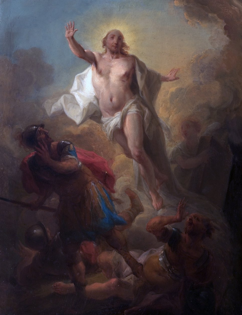 Cristo Ressuscitando do Túmulo e Soldados Romanos Fugindo (óleo a bordo) de Johann Christian Thomas (attr.to) Winck