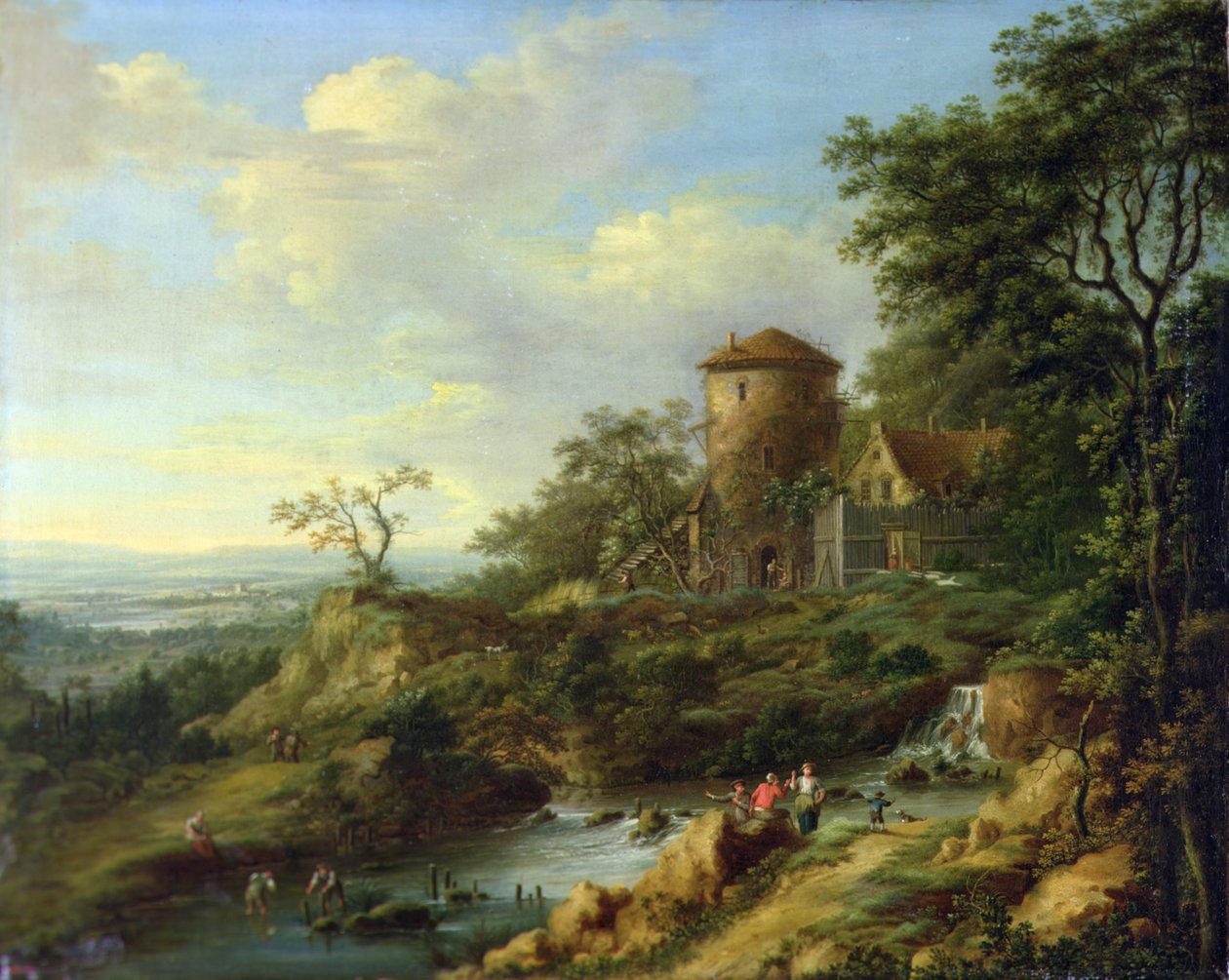 Paisagem renana com pescadores junto a uma torre (óleo sobre tela) de Johann Christian Vollerdt or Vollaert