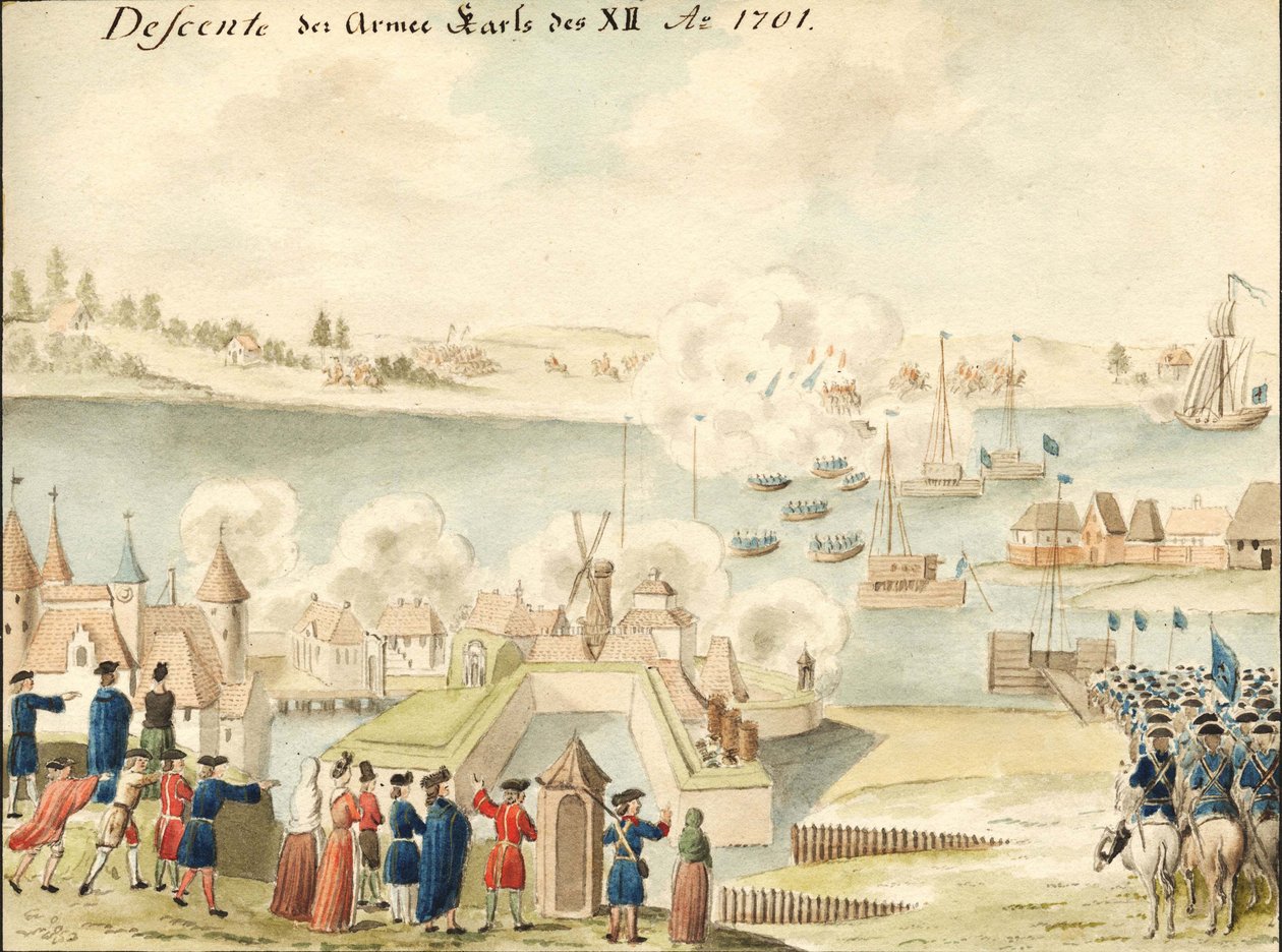 Carlos XII está atravessando o Düna 1701, 1770-1780s de Johann Christoph Brotze