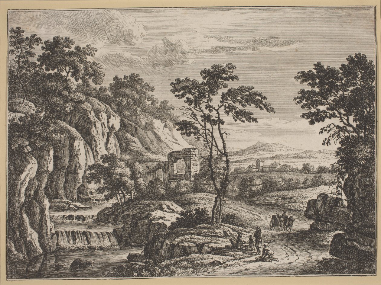 Paisagem com ruínas e uma cachoeira de Johann Christoph Dietzsch