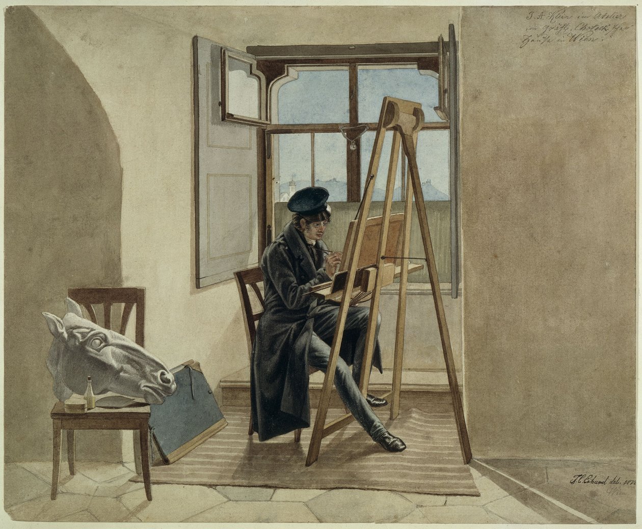 O pintor Johann Adam Klein no cavalete, no seu atelier no palácio do conde Chotek em Viena de Johann Christoph Erhard