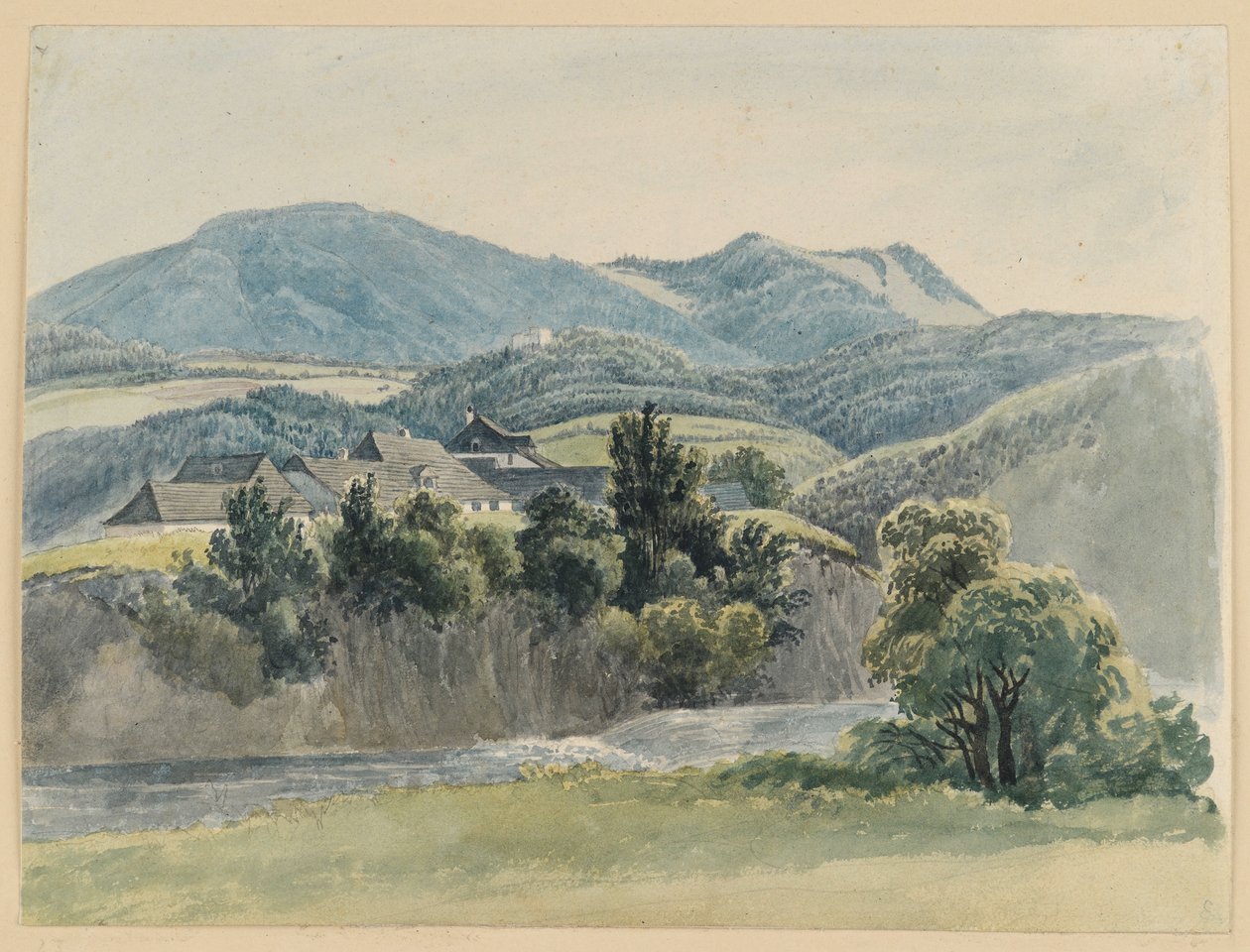 Paisagem fluvial e montanhosa perto de Glocknitz de Johann Christoph Erhard