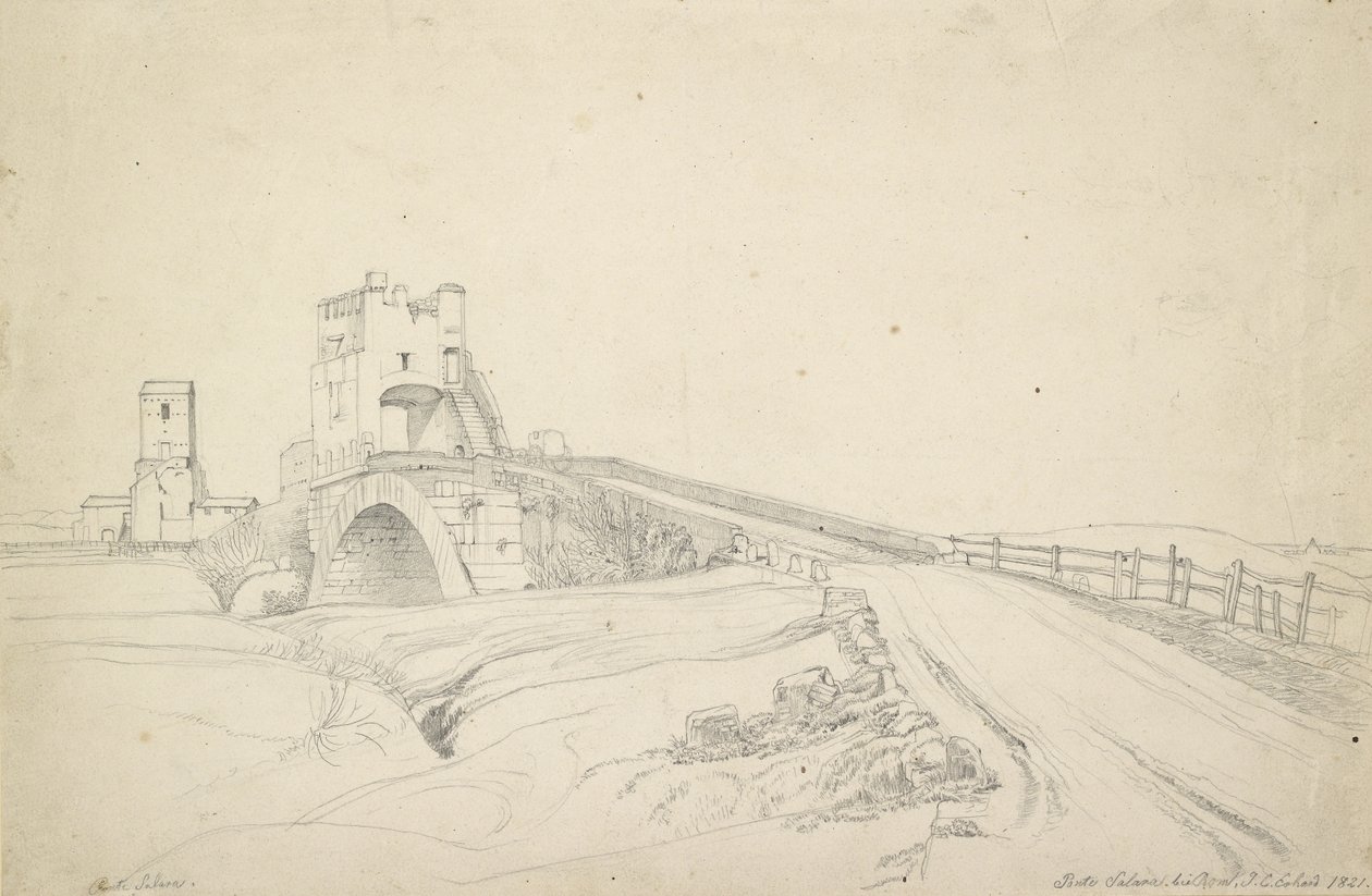A Ponte Salario perto de Roma, 1821 (grafite em papel branco) de Johann Christoph Erhard
