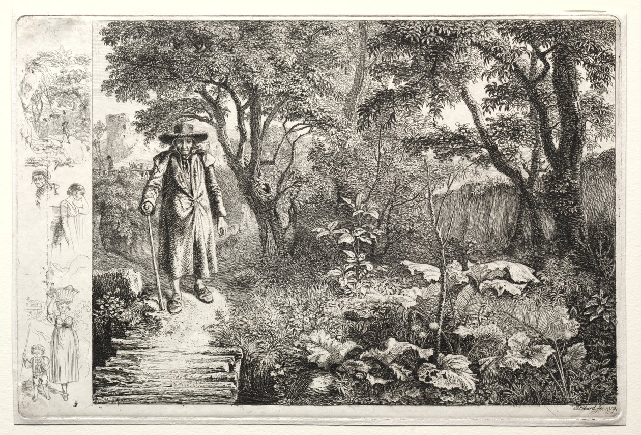 O velho diante da ponte de madeira Der Alte vor den Knuppelsteg, 1819. de Johann Christoph Erhard