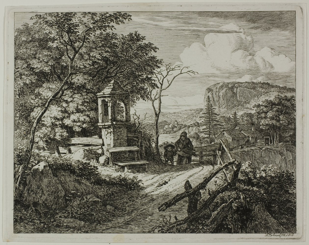 Wood Gatherer with a Boy, prato dois de As Duas Grandes Paisagens com os Pilares de Oração de Johann Christoph Erhard