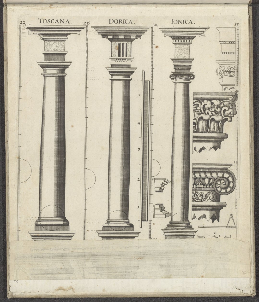Três colunas da ordem toscana, dórica e iónica
Toscana / Dorica / Ionica (título sobre o objecto)
Fünf Ordnungen der Architektur (título da série) de Johann Christoph Feinlein
