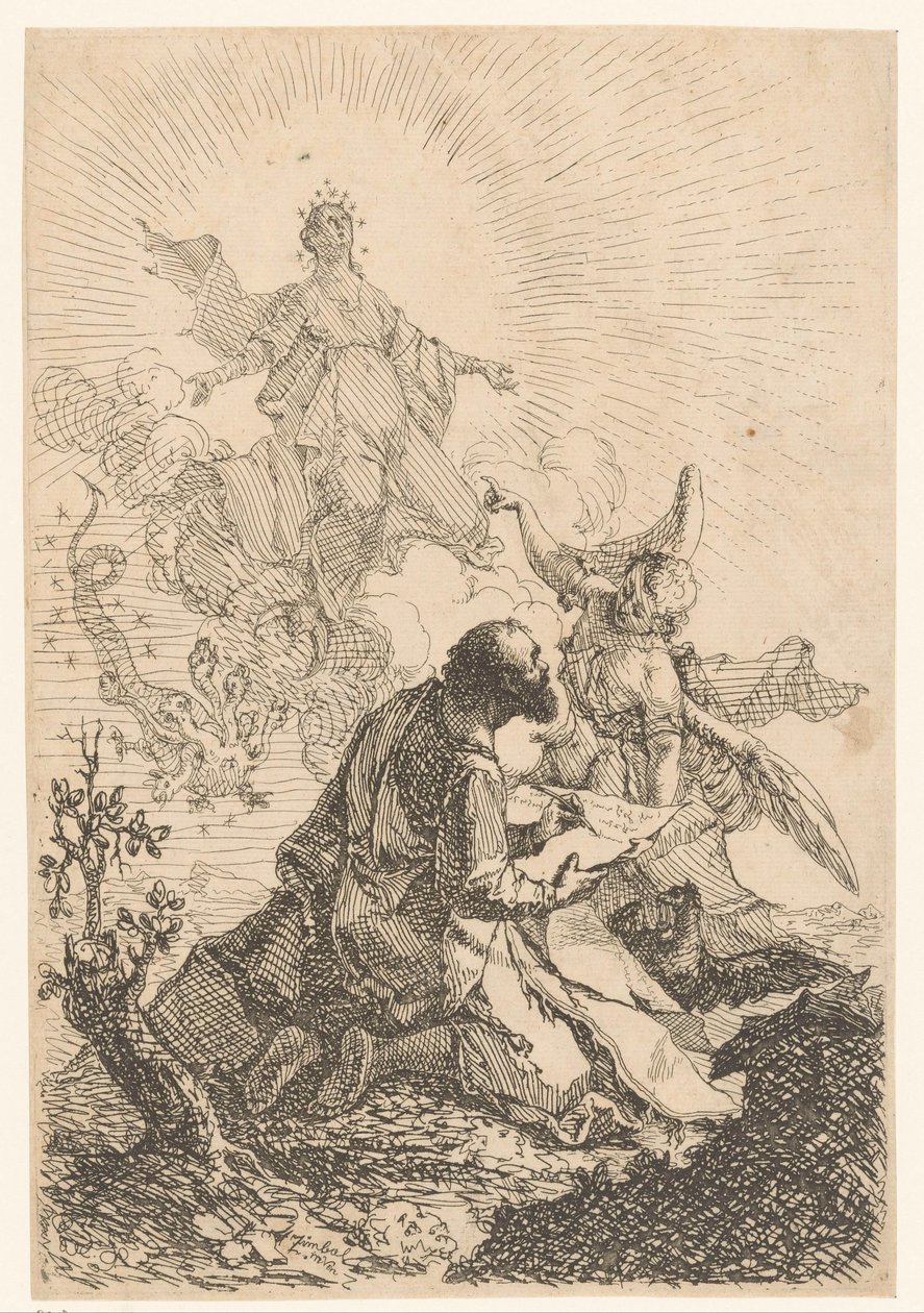 João tem uma visão em Patmos em que a Virgem matando o dragão de sete cabeças de Johann Cimbal