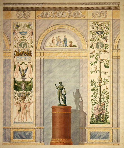Desenho da decoração para a parede traseira da Sala de Jantar do Palácio em Kassel (caneta e aguarela sobre papel) de Johann Conrad Bromeis