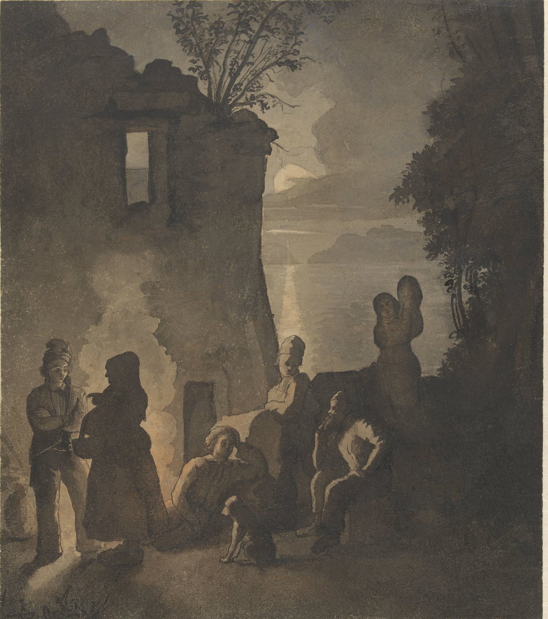 Savoyards descansando por uma fogueira à beira do lago à noite de Johann Conrad Seekatz