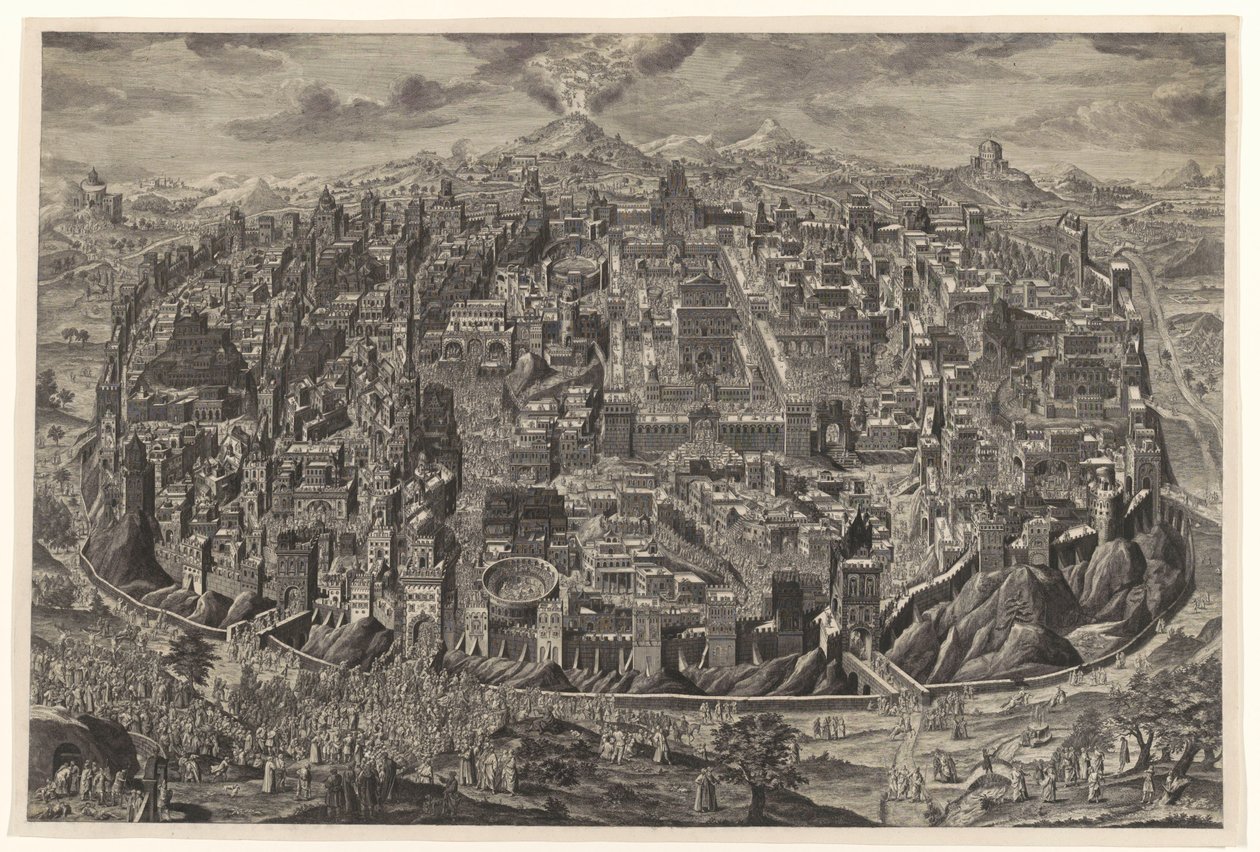 Mapa geral em vista panorâmica de Jerusalém com representações da Paixão de Cristo de Johann Daniel Herz (I)