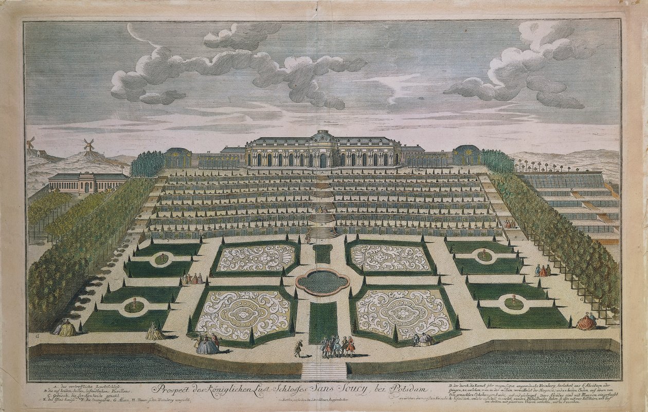 Vista de perspectiva do Castelo de Sanssouci, Potsdam, Alemanha de Johann David Schleuen