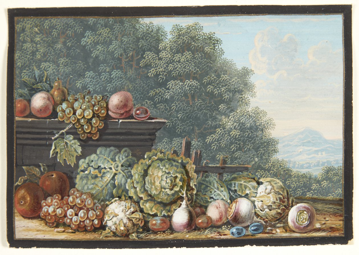 Uma natureza morta com legumes e frutas. Ao fundo uma vista de uma paisagem montanhosa do sul de Johann Dietzsch