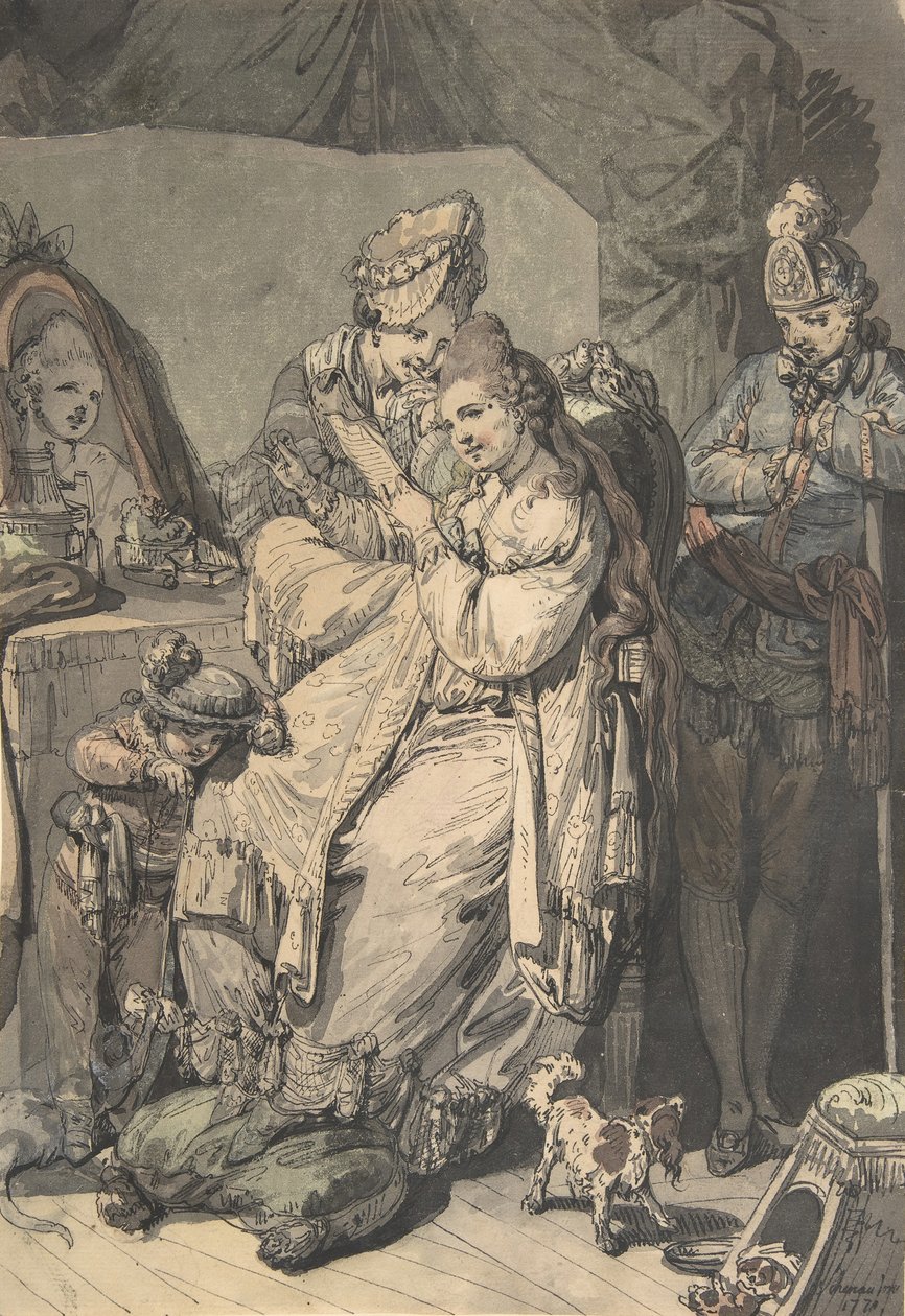 A Woman at her Toilet with a Maid, a Boy, a Dog and a Young Soldier, verso: A Sketch..., 1770. de Johann Eleazar Schenau