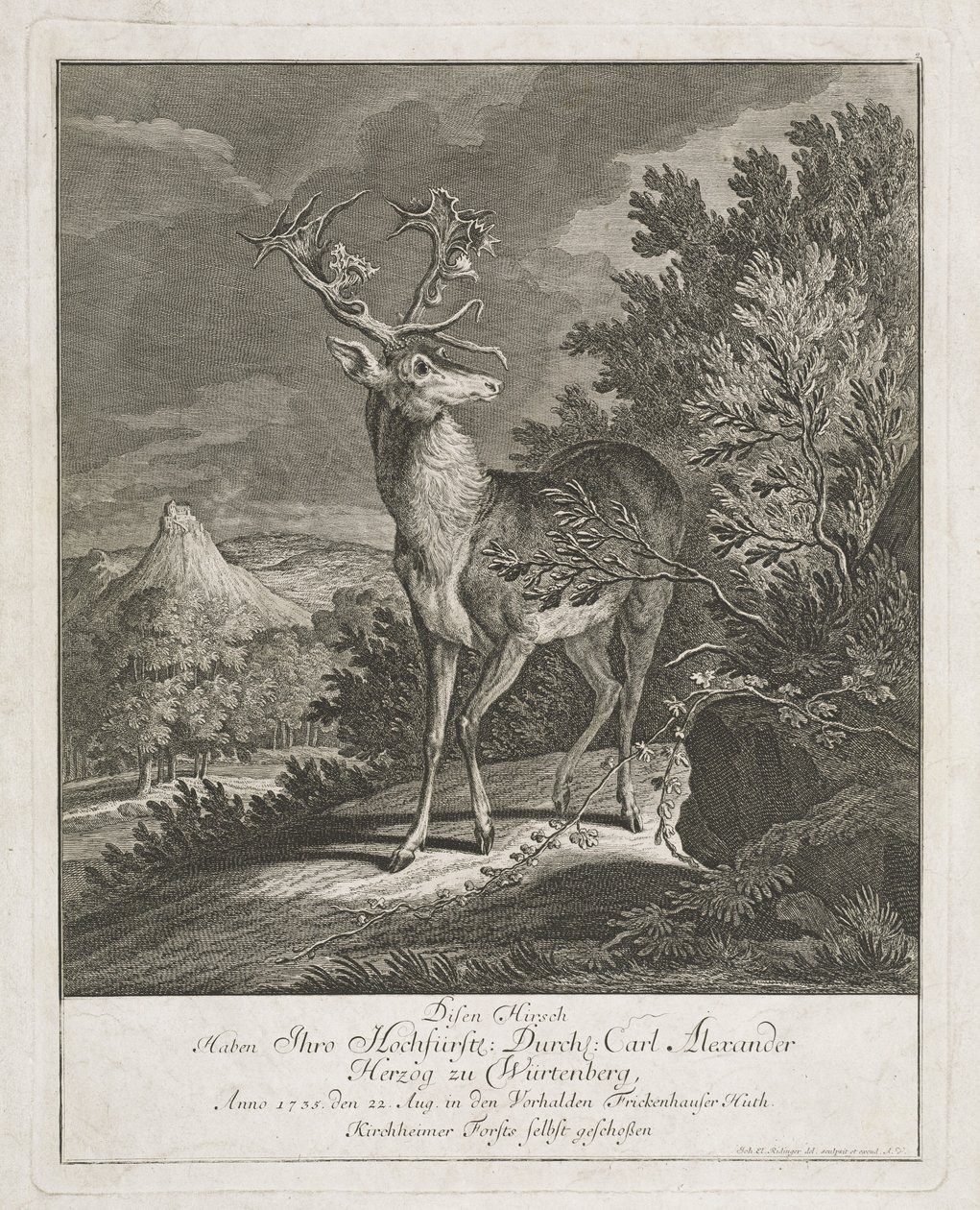 Um veado magnífico em uma paisagem de Johann Elias Ridinger