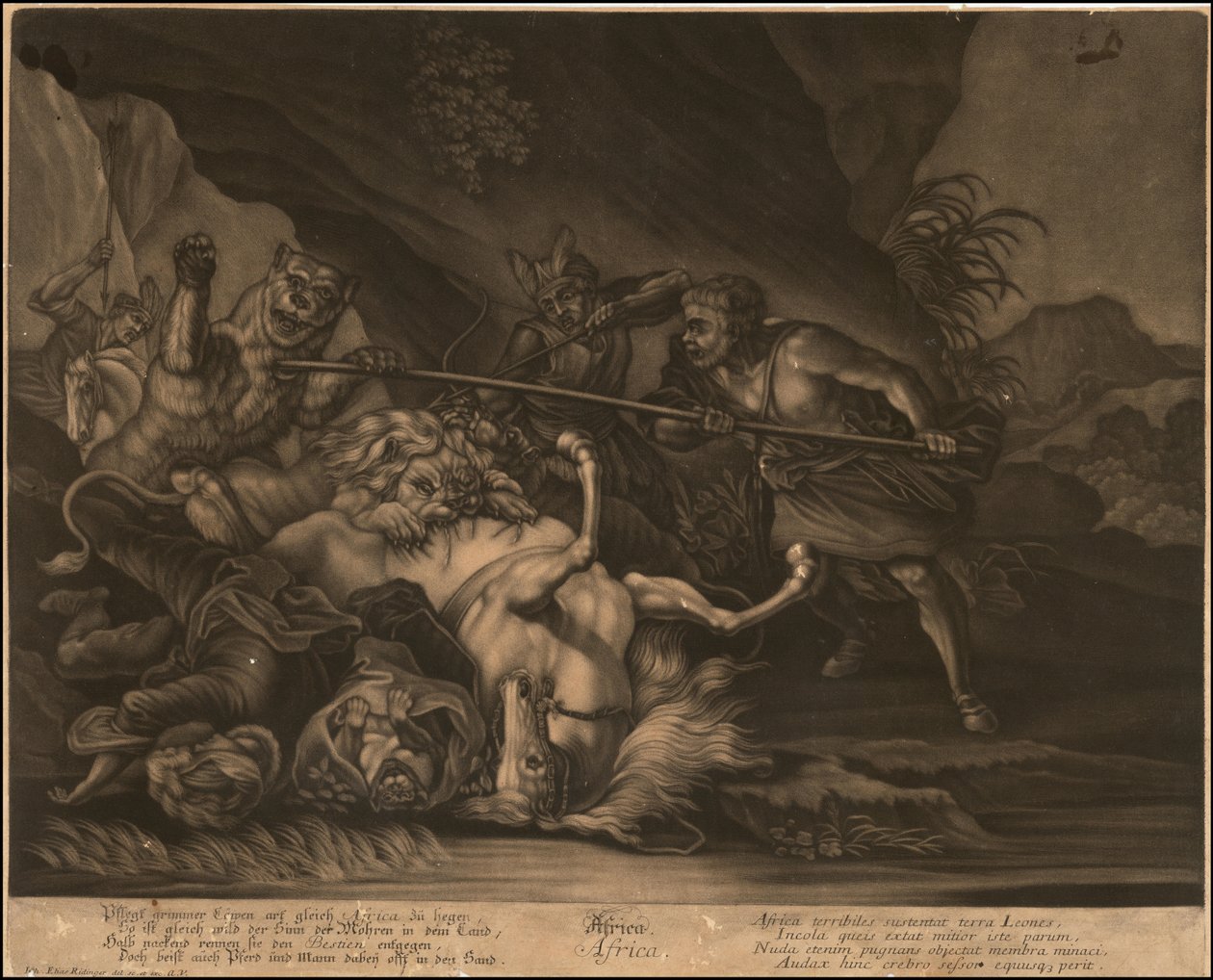 Ca. Mezzotint alegórico de África de 1770 de Johann Elias Ridinger