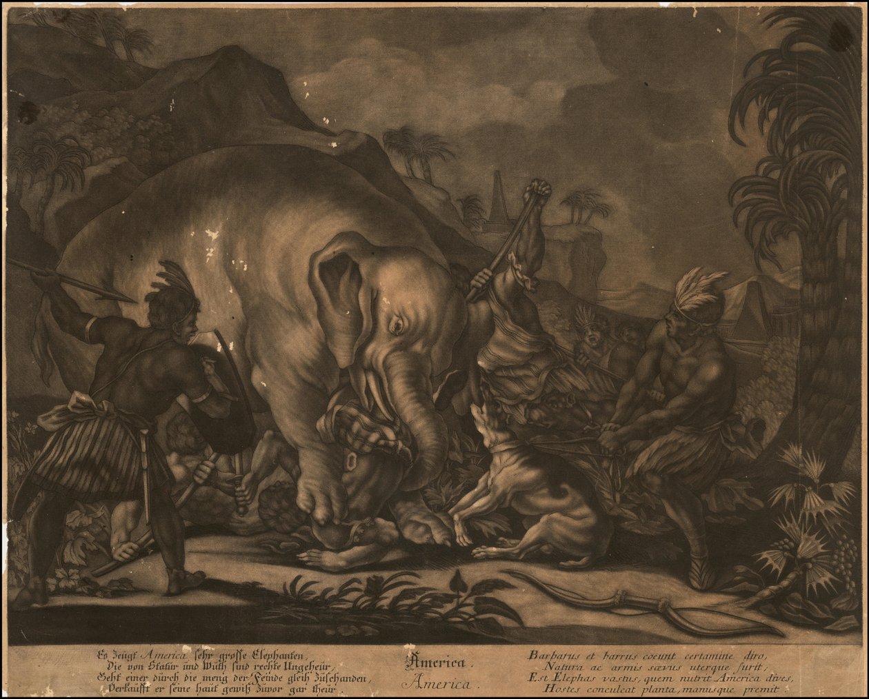 Ca. 1770 mezzotint alegórico da América de Johann Elias Ridinger