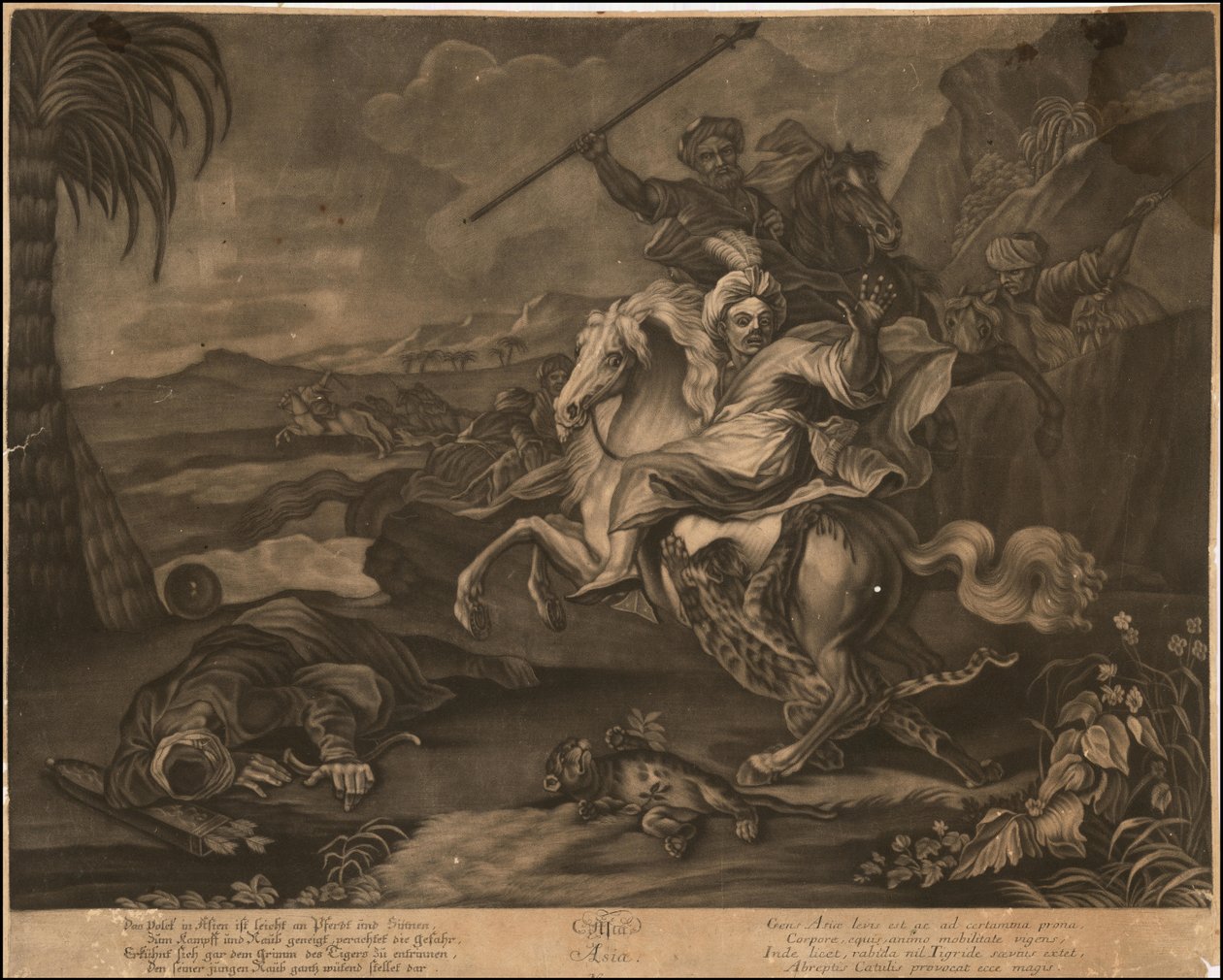 Ca. Mezzotint alegórico da Ásia de 1770 de Johann Elias Ridinger