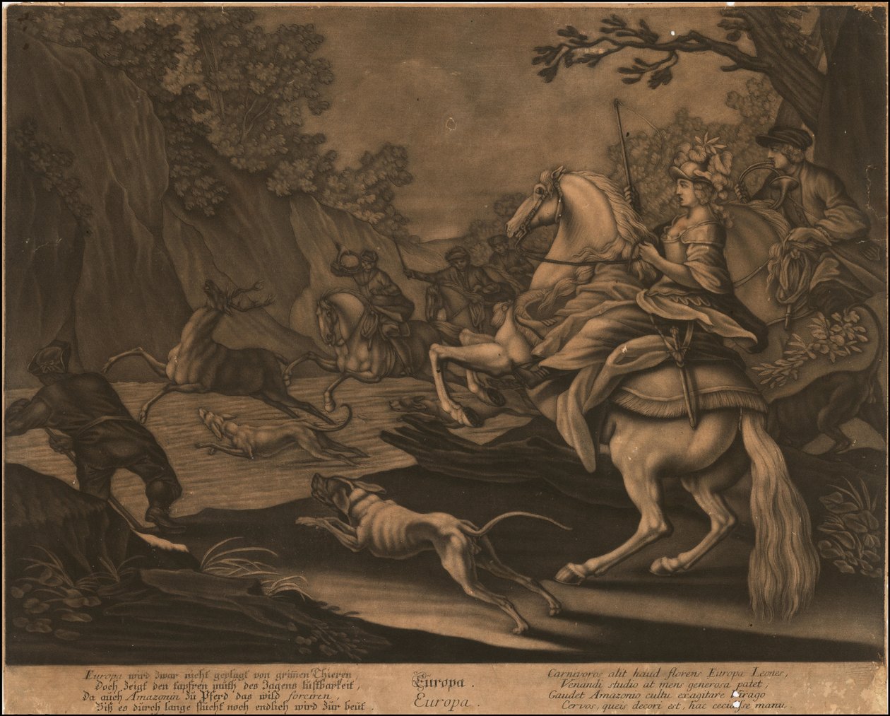 Ca. Mezzotint alegórico da Europa de 1770 de Johann Elias Ridinger