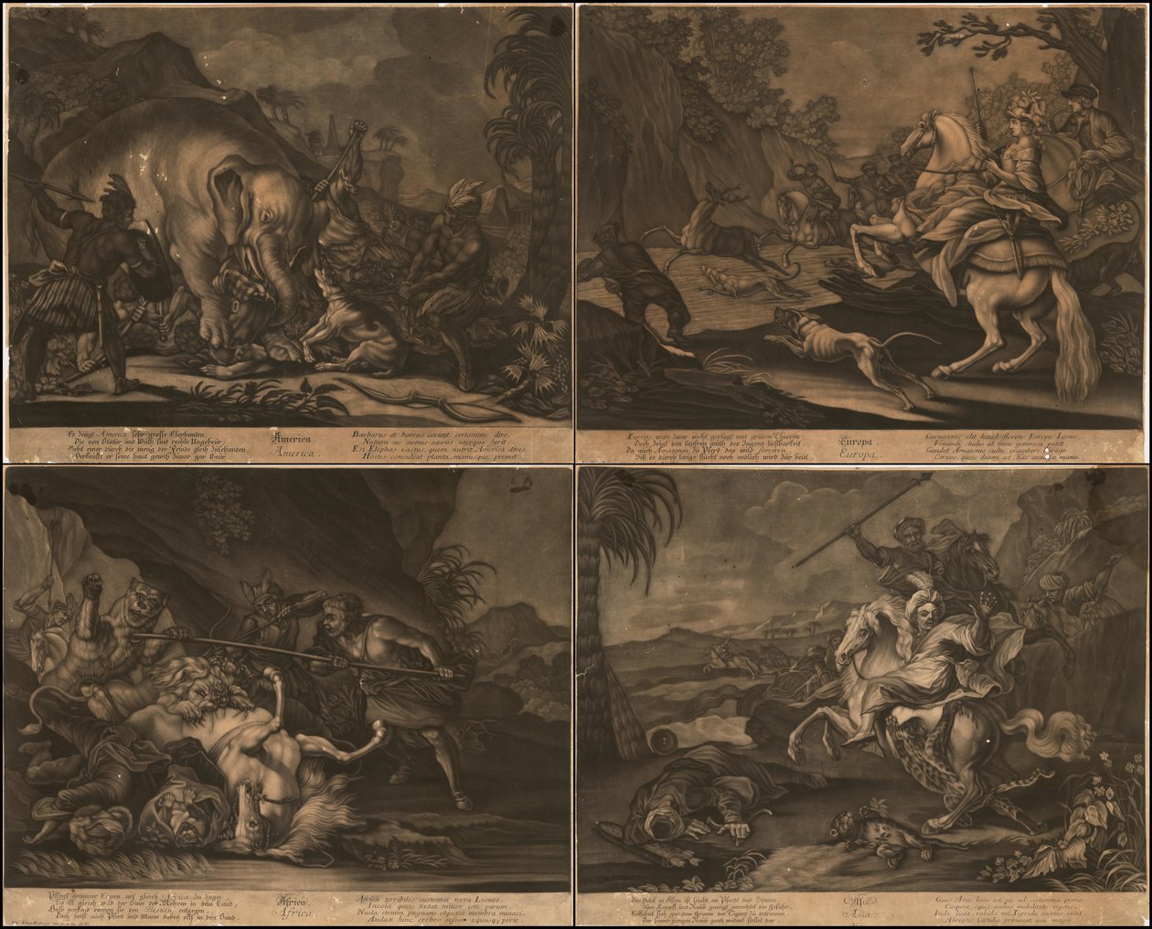 Ca. 1770 mezzotints alegóricos de África, Ásia, América e Europa numa página de Johann Elias Ridinger