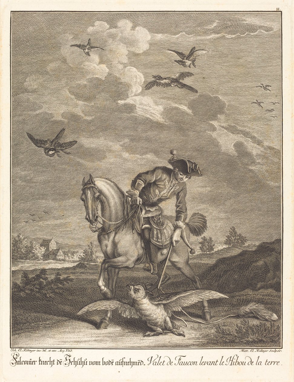 Falconeer levantando uma coruja do chão de Johann Elias Ridinger