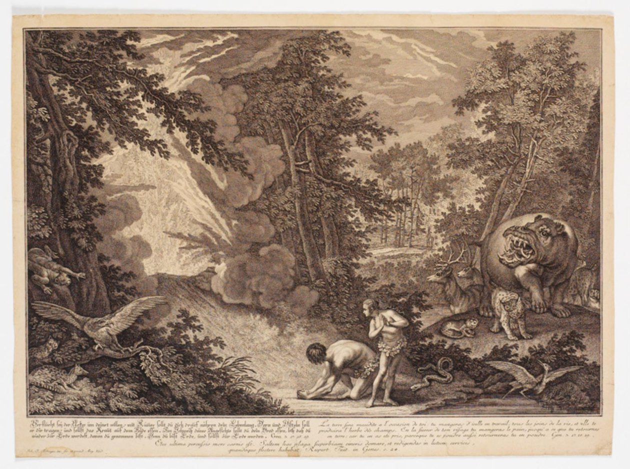 Deus descobre que Adão e Eva comeram da árvore de Johann Elias Ridinger