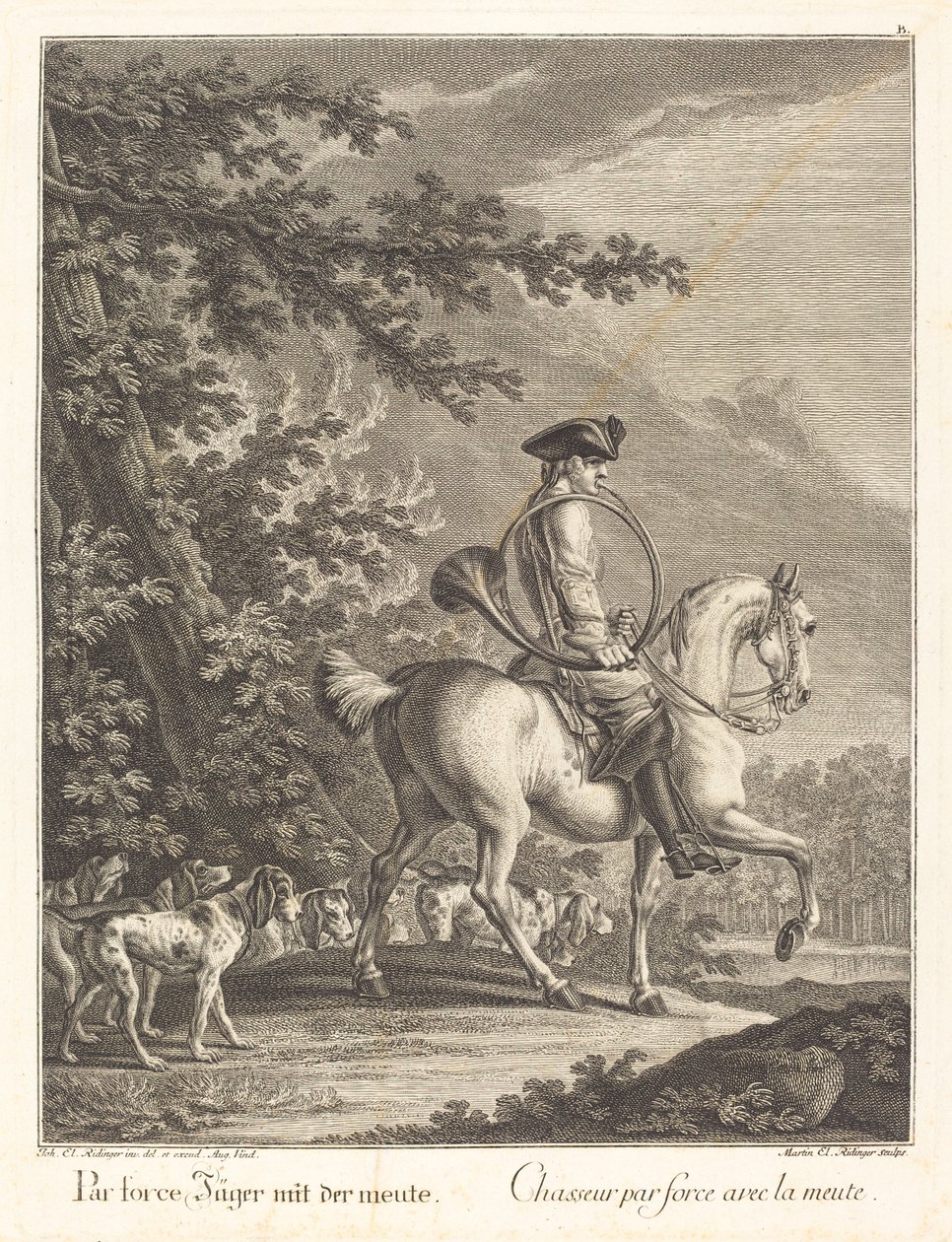 Huntsman com uma matilha de cães de Johann Elias Ridinger