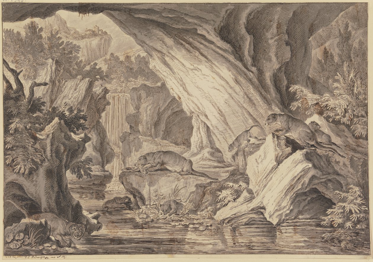 Seis lontras numa gruta rochosa junto à água de Johann Elias Ridinger