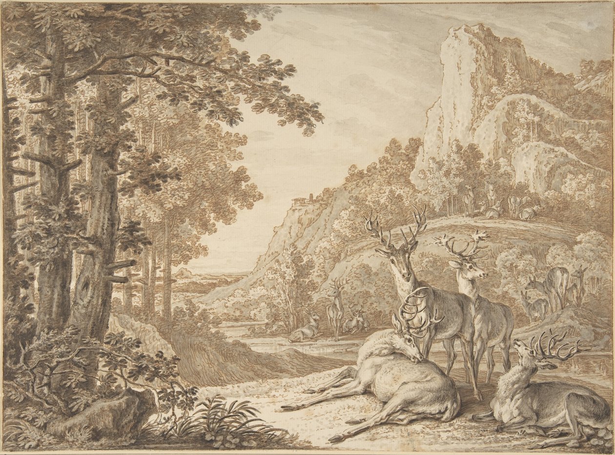 Veados numa paisagem de Johann Elias Ridinger