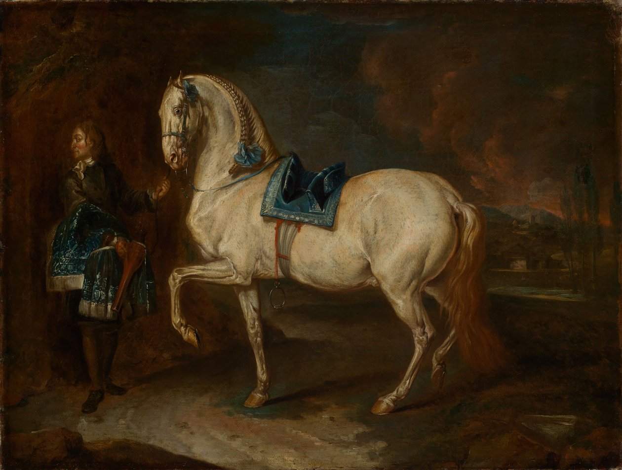 Mestre de cavalariça com cavalo branco de Johann Elias Ridinger