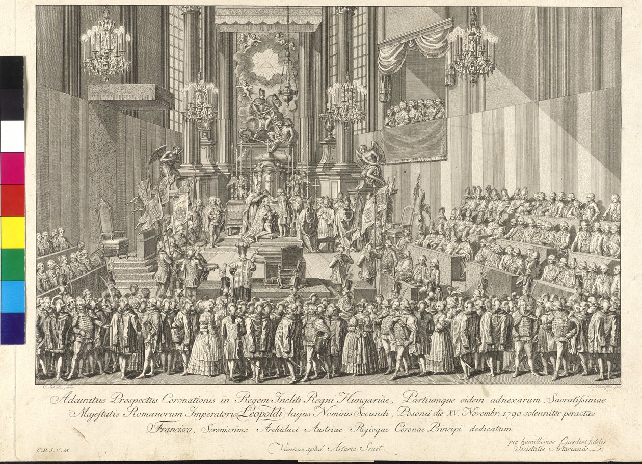 Coroação do imperador Leopoldo II ao rei da Hungria em Bratislava, em 15 de novembro de 1790 (gravura em cobre) de Johann Ernst Mansfeld