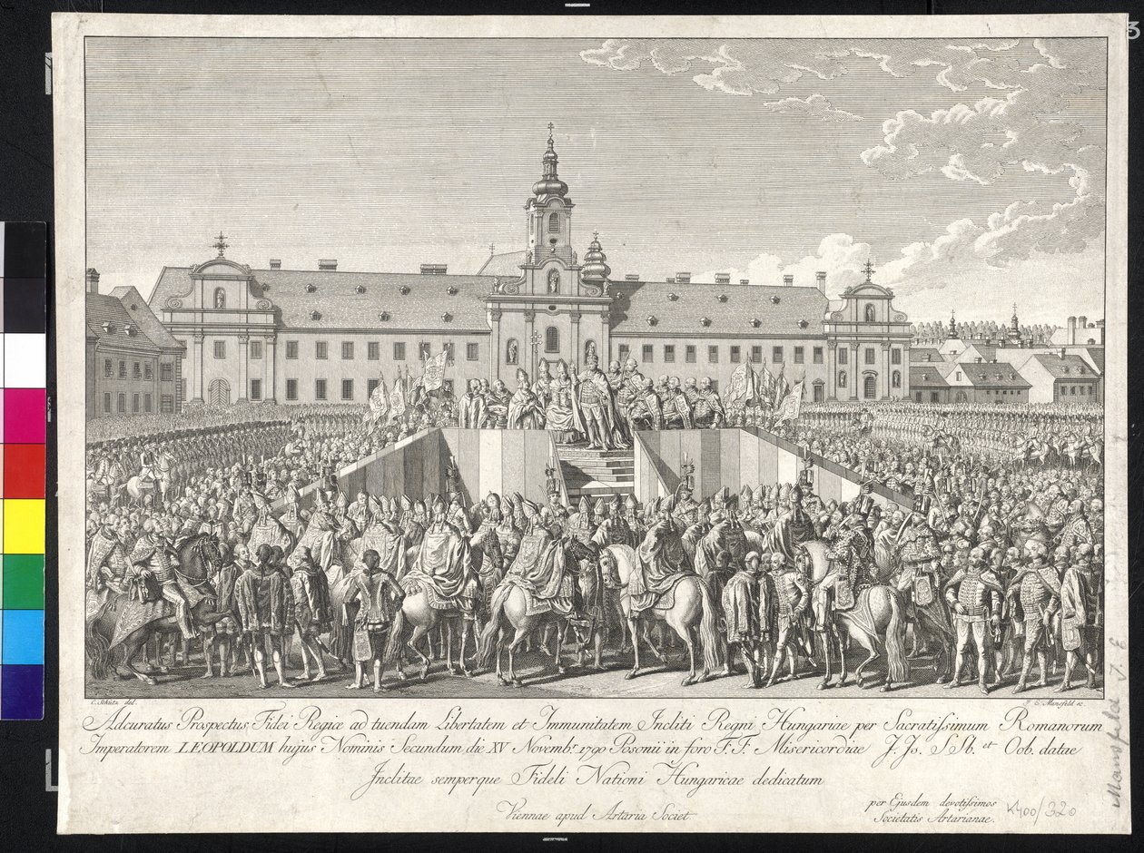 Coroação do imperador Leopoldo II ao rei da Hungria em Bratislava, em 15 de novembro de 1790 (gravura em cobre) de Johann Ernst Mansfeld