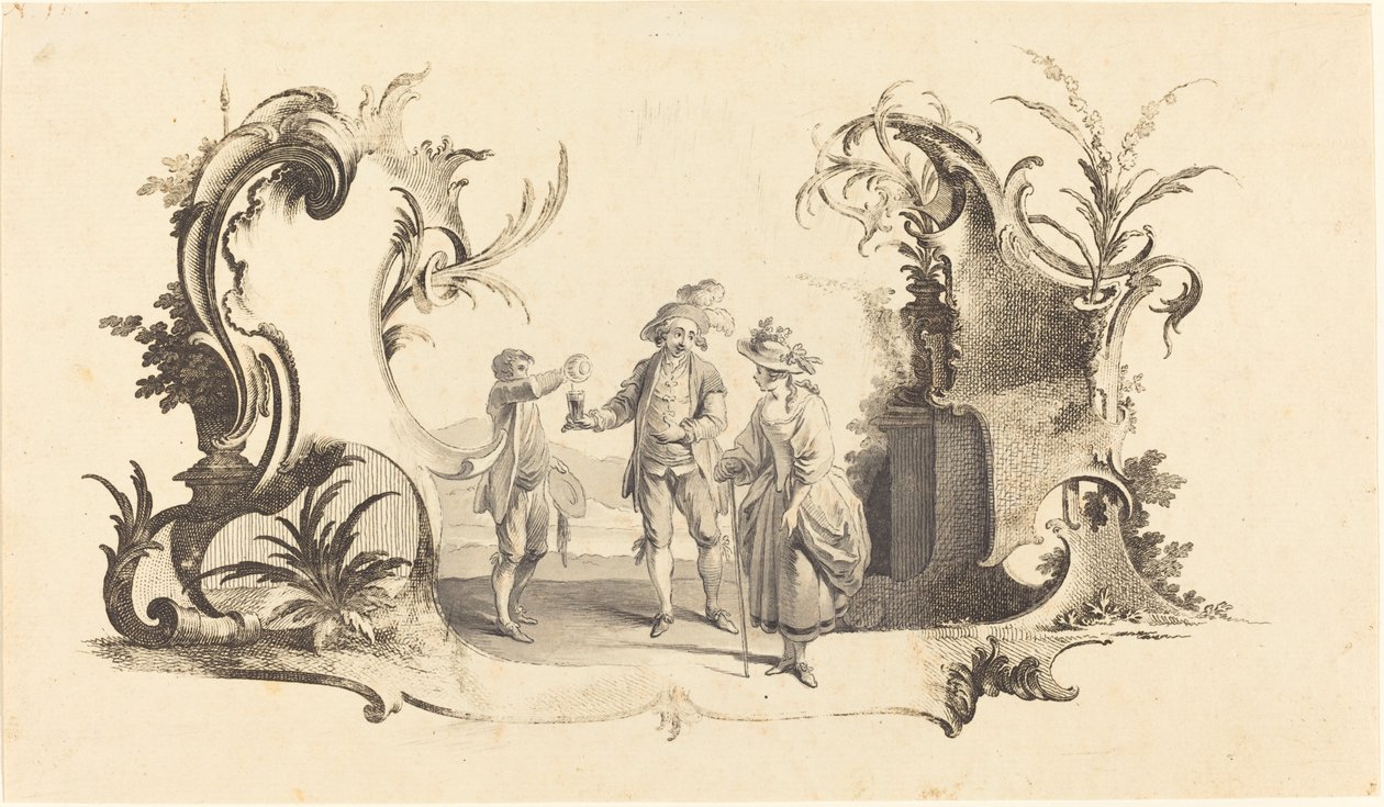 Cartouche Moderne com um jovem casal sendo servido vinho de Johann Esaias Nilson