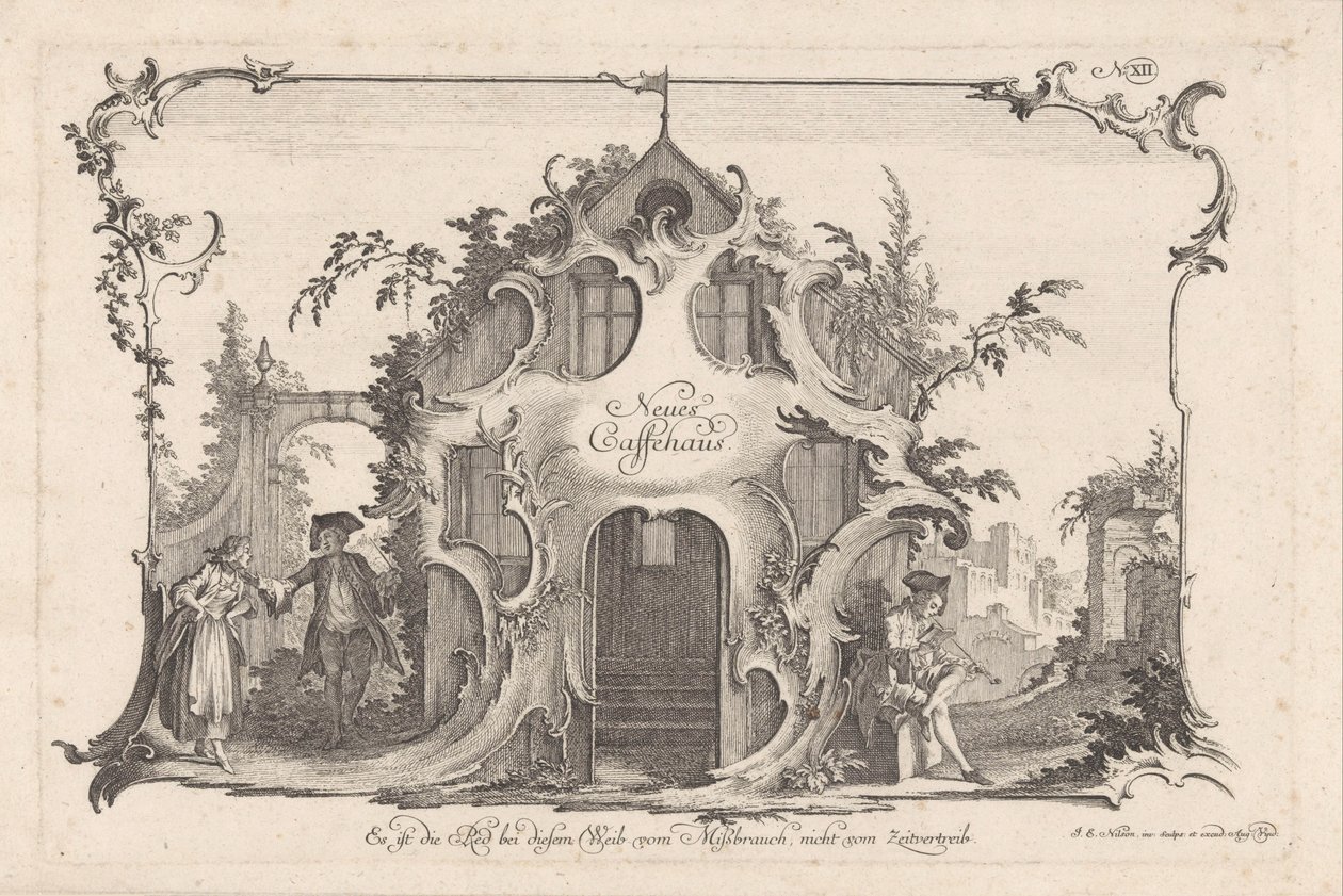 Casa de café com casal discutindo Neues Caffehaus (título no objeto) Atividades sociais (título da série) de Johann Esaias Nilson