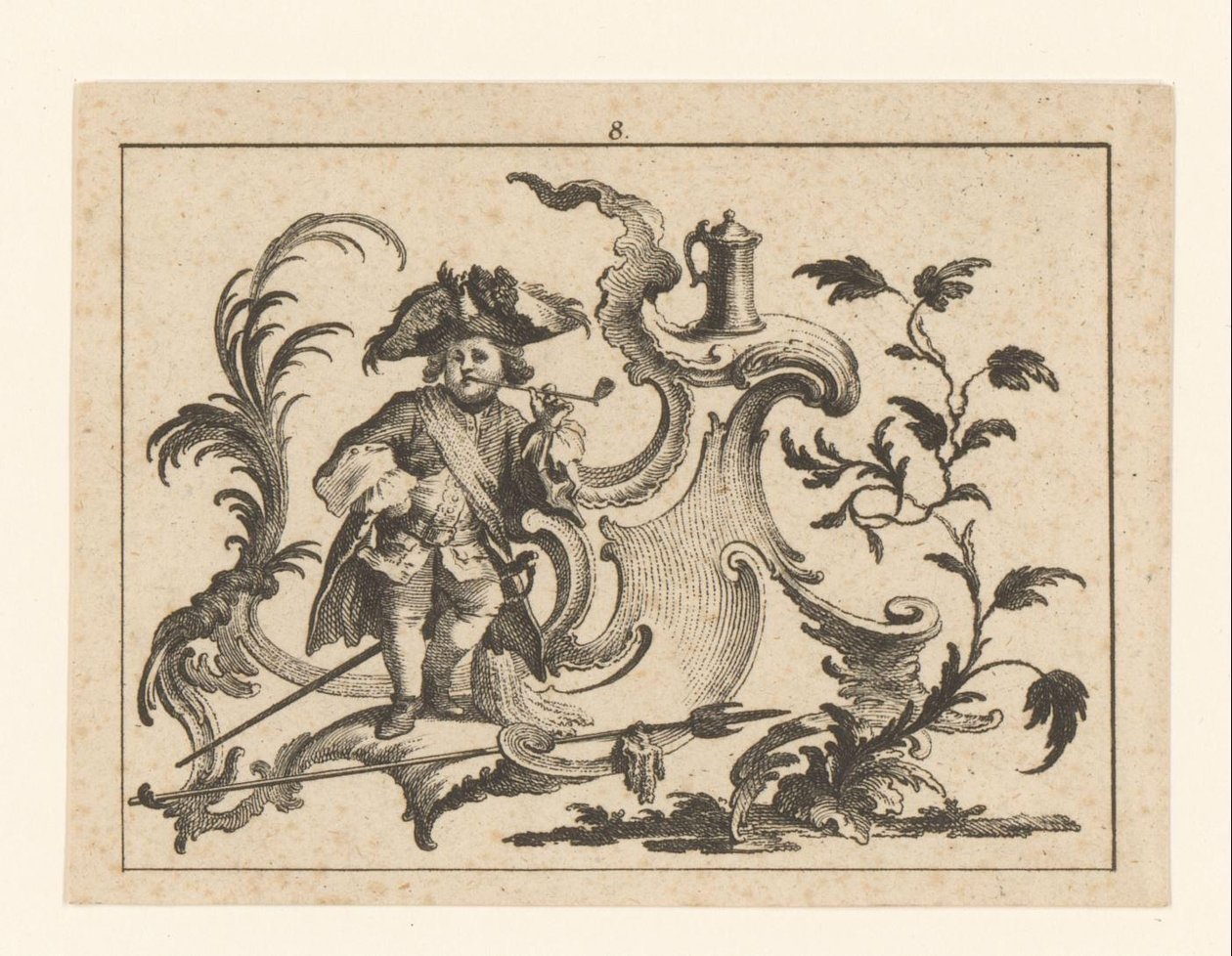Fumador de cachimbo inclina-se contra um ornamento rococó
Homem fumador em ornamento rococó (título da série) de Johann Esaias Nilson