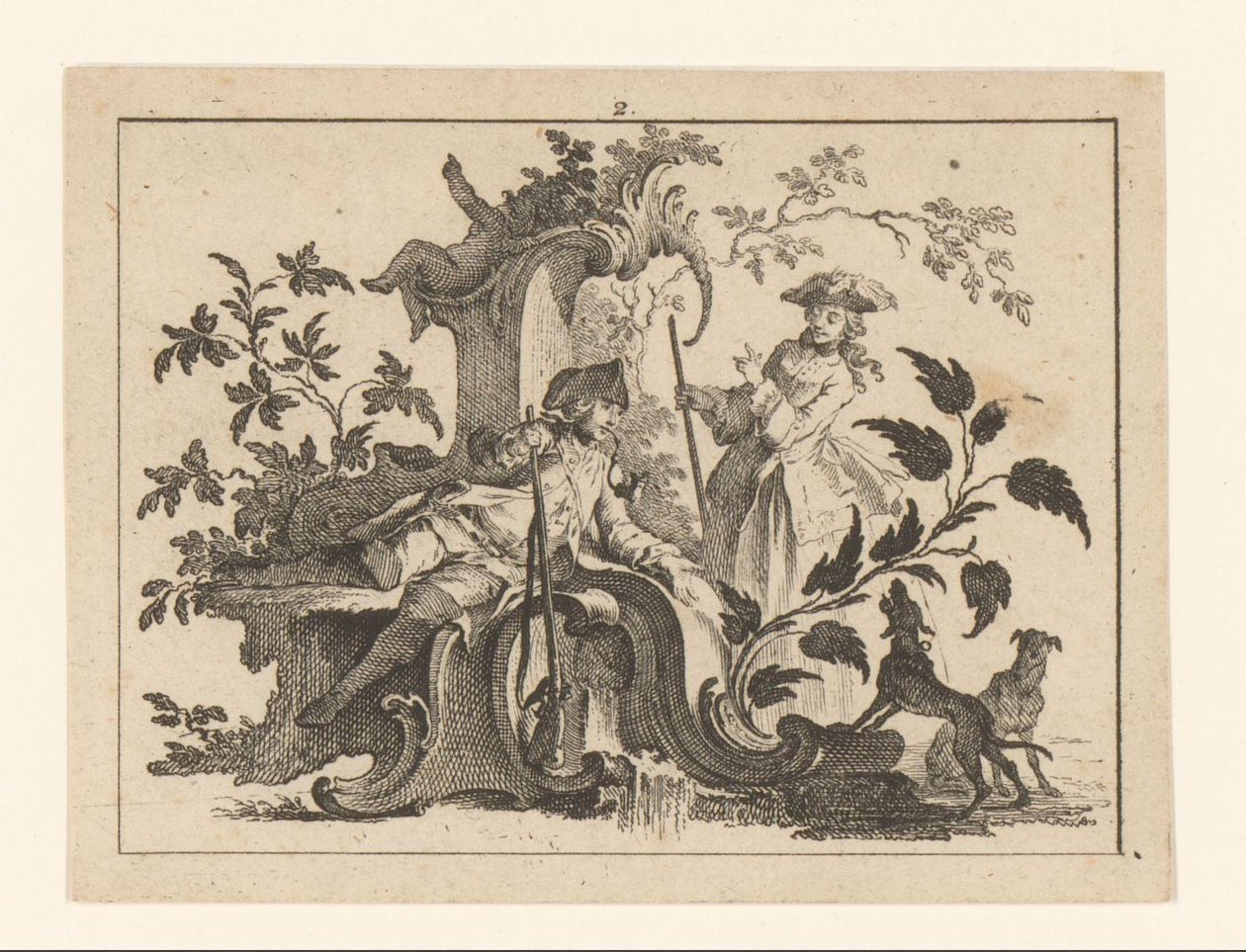 Cachimbo fumador homem com arma e mulher com dois cães num ornamento rococó
Fumadores em ornamento rococó (título da série) de Johann Esaias Nilson