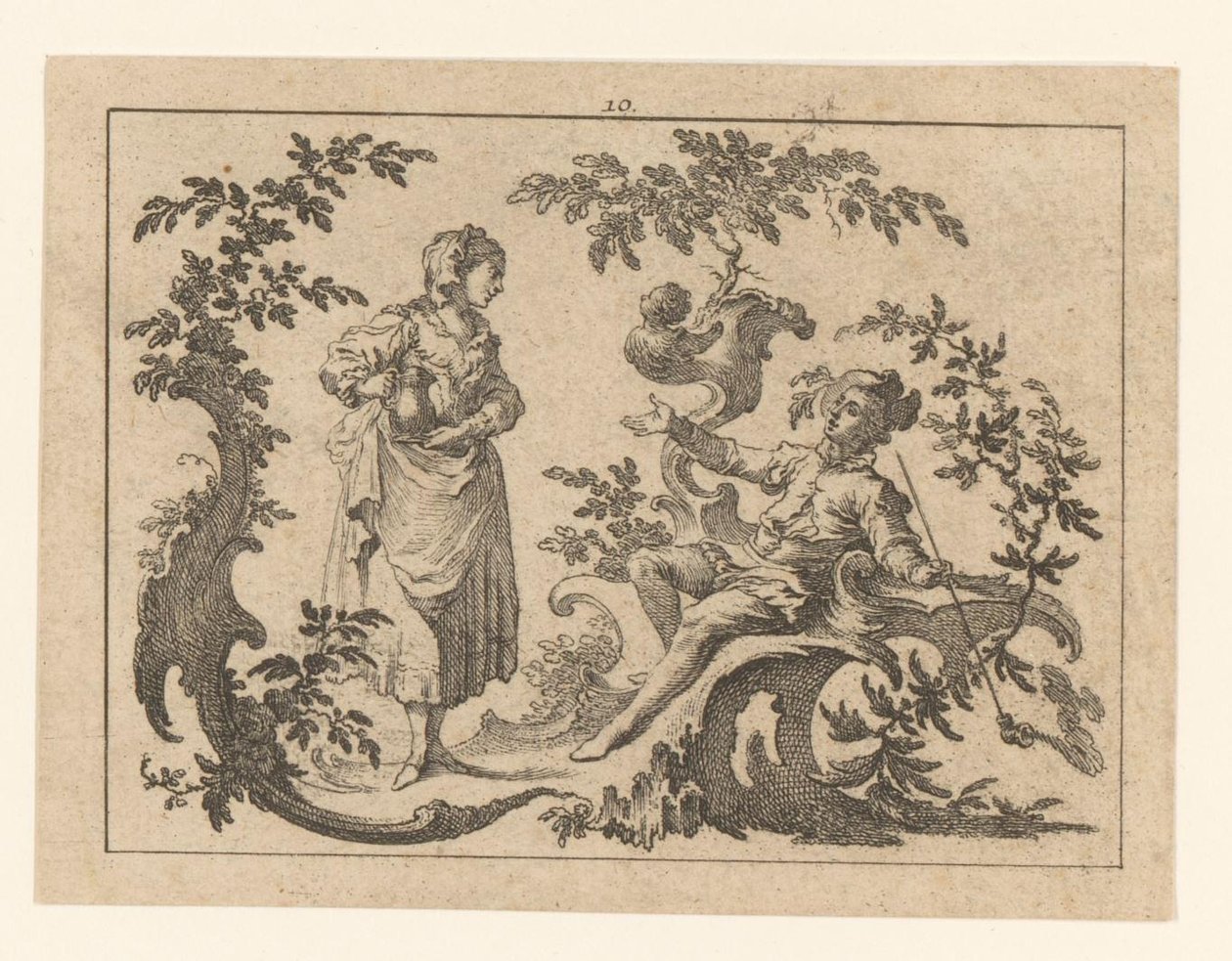 Cachimbo a fumar homem sentado, ao seu lado uma mulher de pé com um jarro num ornamento rococó
Fumadores em ornamento rococó (título da série) de Johann Esaias Nilson