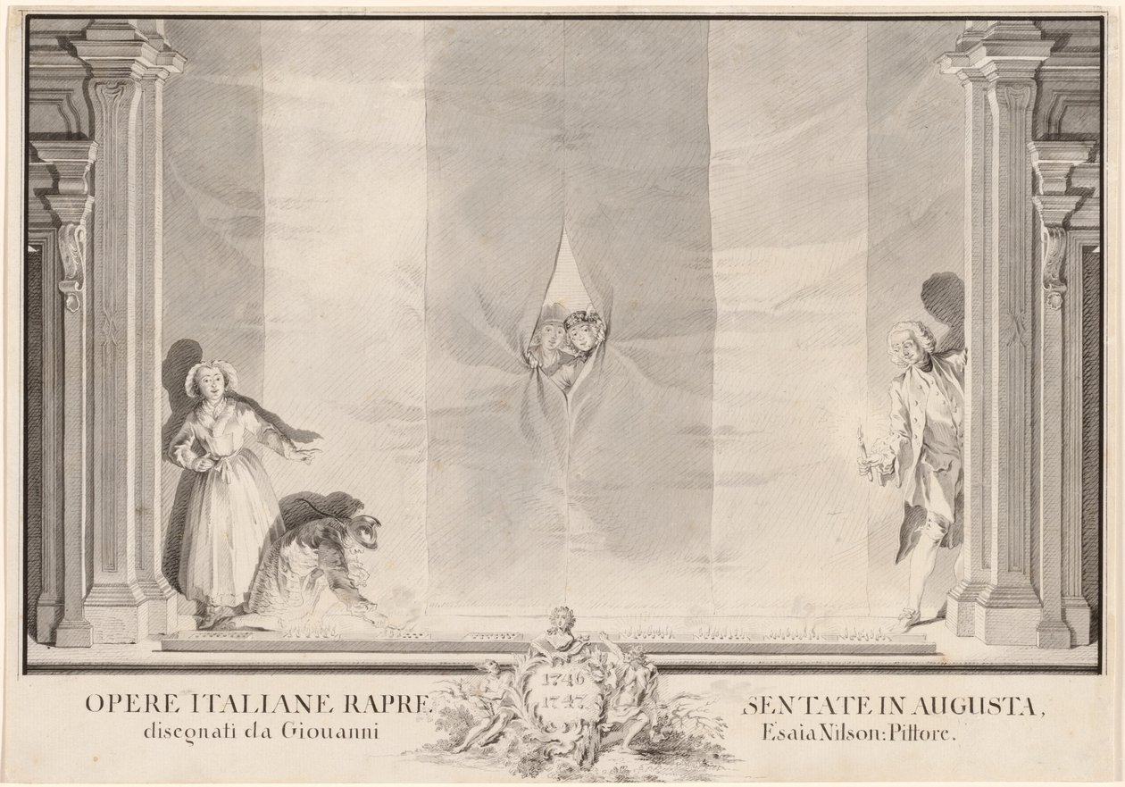 Dois atores espreitando através de uma cortina de teatro enquanto outros preparam os holofotes de Johann Esaias Nilson