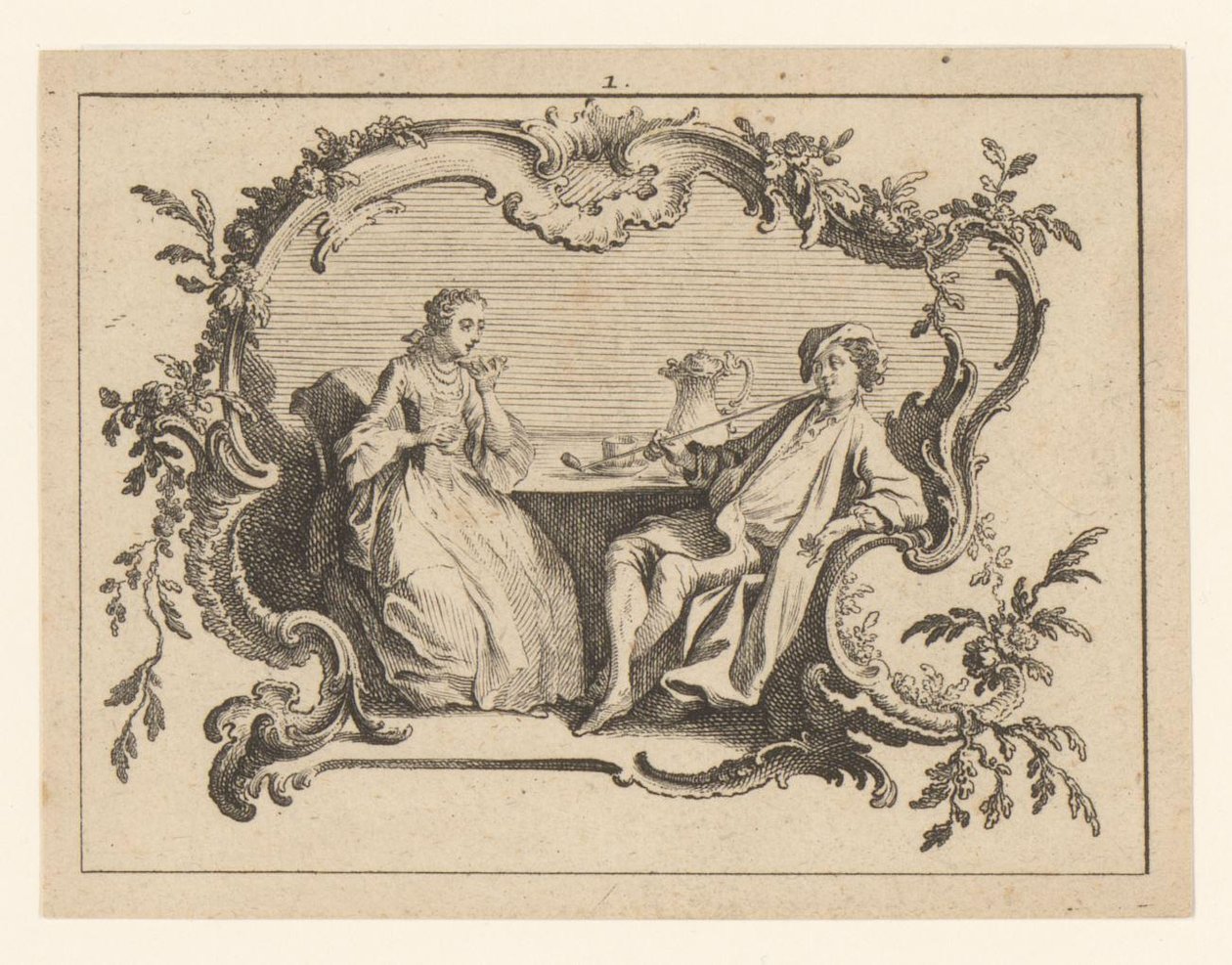 Mulher e homem fumador de cachimbo à mesa numa cartucheira
Fumadores em ornamento rococó (título da série) de Johann Esaias Nilson