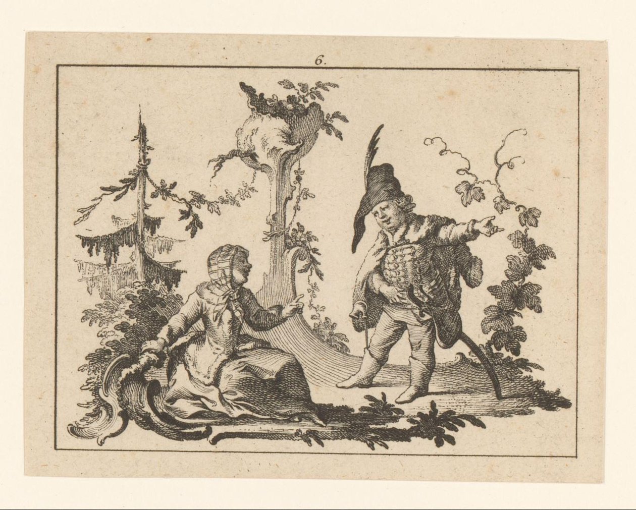 Mulher sentada com ao seu lado um homem de pé com um cano num ornamento rococó
Fumadores em ornamento rococó (título da série) de Johann Esaias Nilson