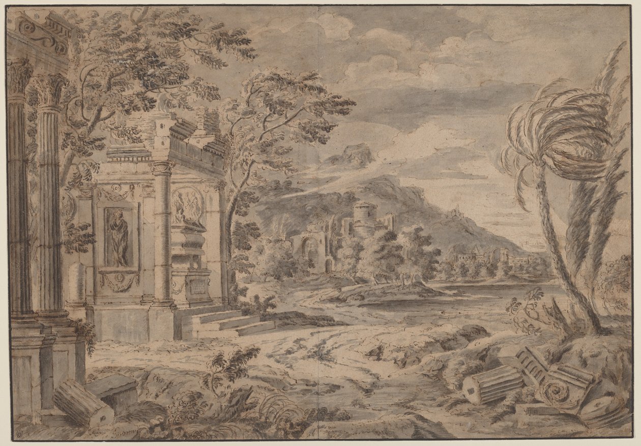 Ruínas antigas ao longo de uma costa de montanha de Johann Franciscus Ermels