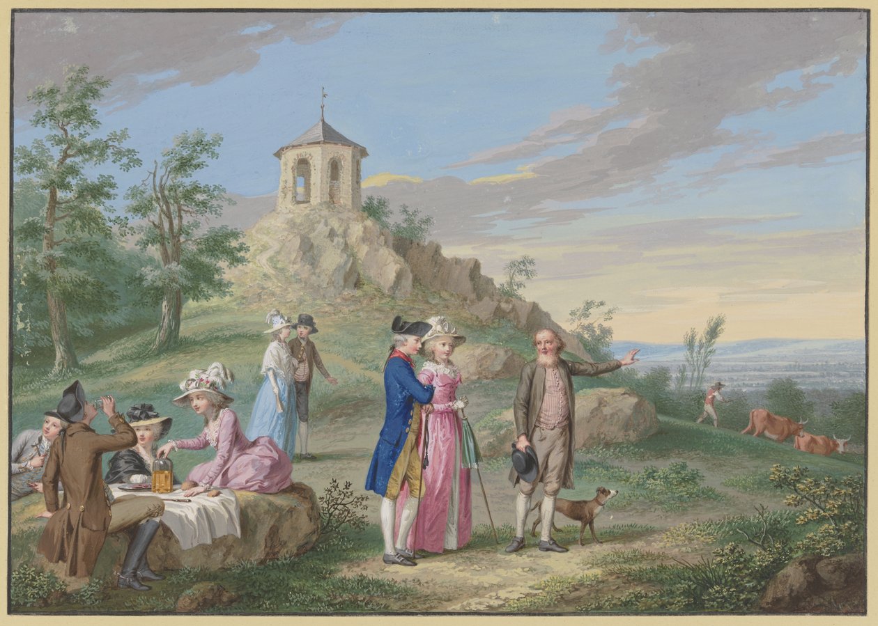 Grupo de senhoras e cavalheiros acampado ao ar livre ao pé de uma colina com um pequeno templo, enquanto um guia mostra a paisagem a um jovem casal de Johann Friedrich August Tischbein