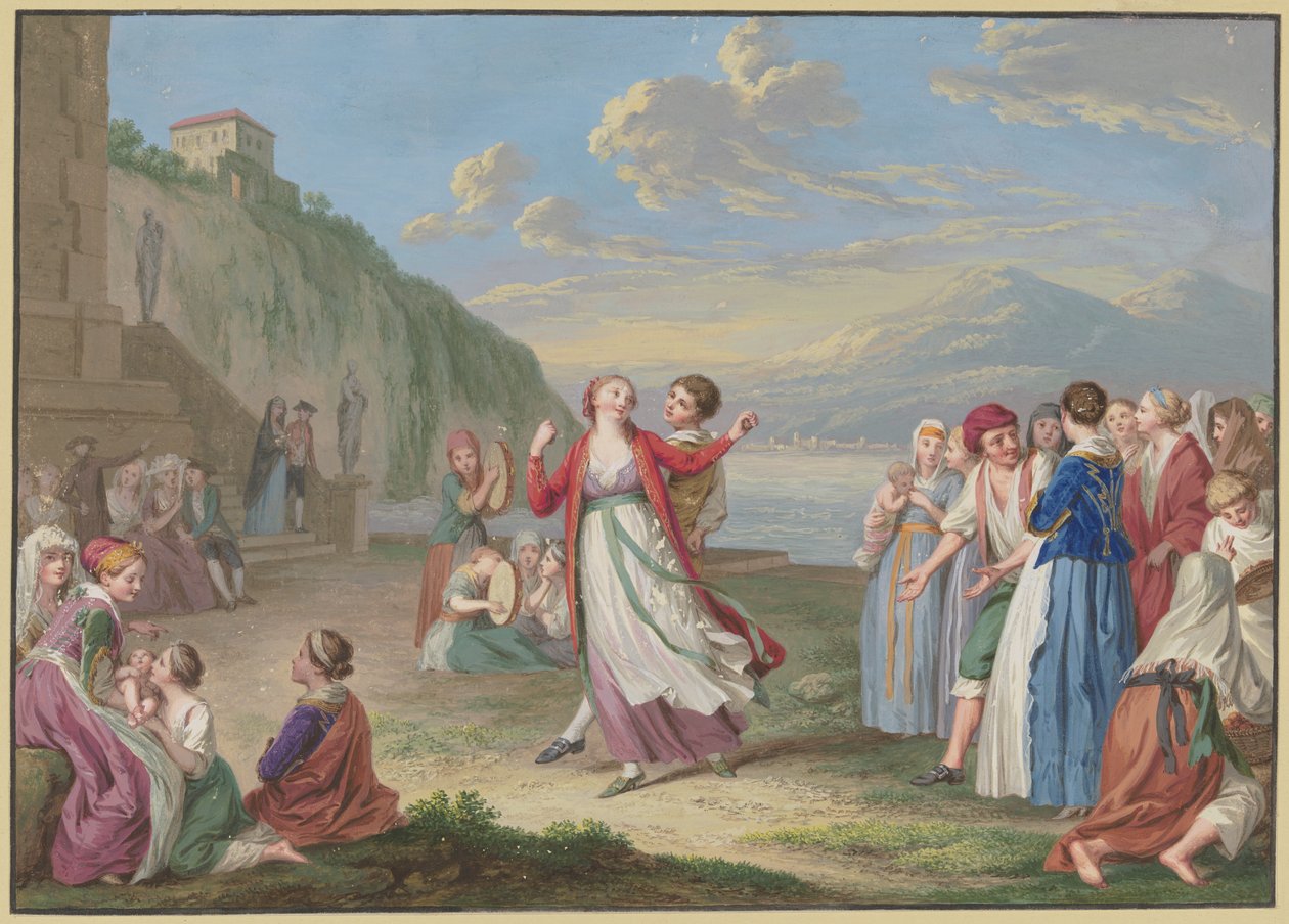 Camponeses italianos divertem-se à beira do lago com jogos e dança, com altas montanhas ao fundo de Johann Friedrich August Tischbein
