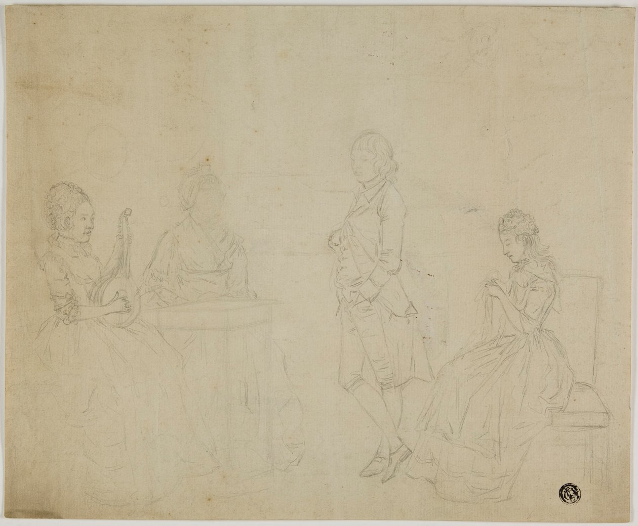 Esboço de Grupo Familiar com Três Mulheres Sentadas e Homem Jovem em Pé de Johann Friedrich August Tischbein
