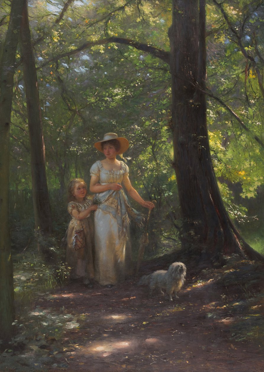 Senhora com um cãozinho na floresta de faias de Johann Friedrich Engel