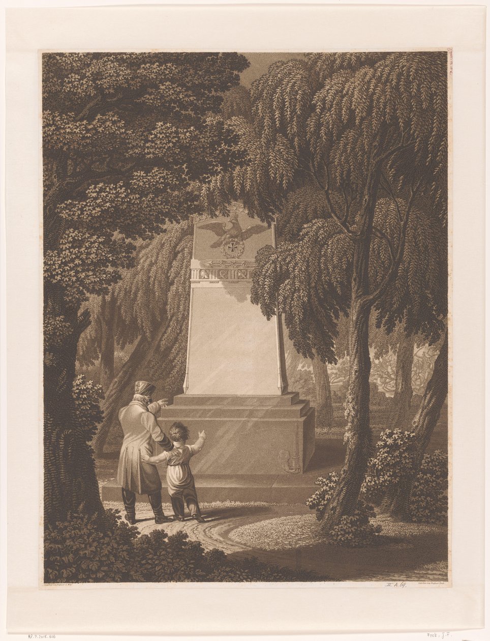 Homem com uma criança em frente de um monumento a um oficial do exército caído de Johann Friedrich Frick