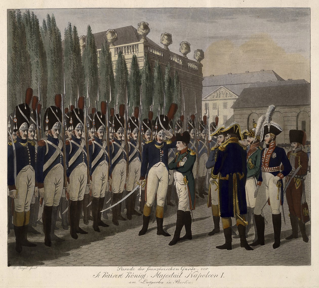 Desfile da Guarda Francesa no Lustgarten em Berlim em 1806 - Juegel, Johann Friedrich (1772-1833) - 1806 - Aquatint - 31,6x39 - Colecção Privada de Johann Friedrich Jügel
